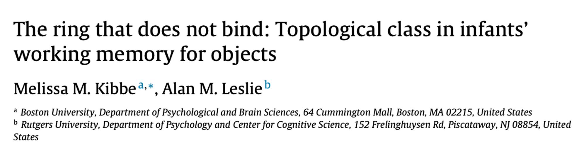 Title: "The ring that does not bind: Topological class in infants' working memory for objects" by Melissa M. Kibbe and Alan M. Leslie