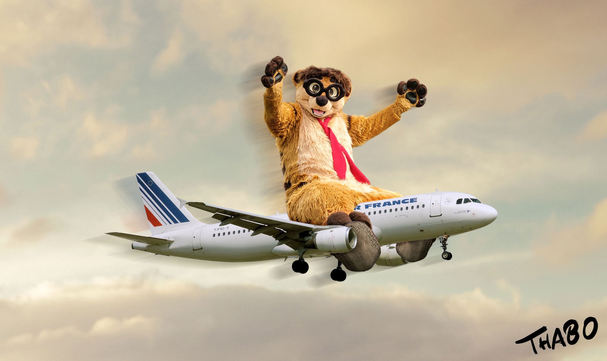 A giant meerkat sitting on an airplane