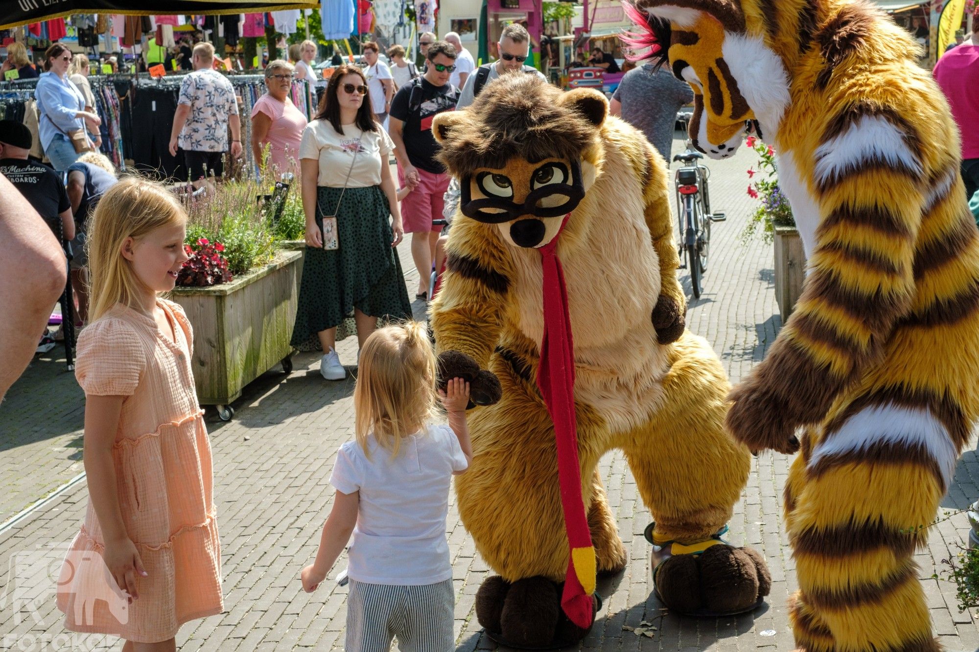 A meerkat and tiger fursuit giving a high 4 to a little kid