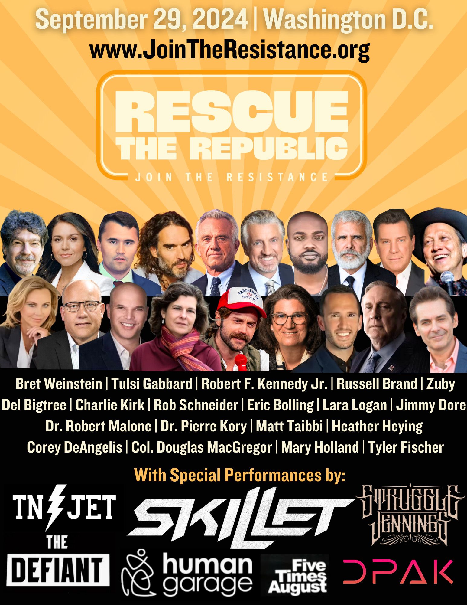 a promotion for something incredibly stupid called "rescue the republic" which is taking place on September 29, 2024—hey that's today

there are a bunch of absolute shithead clown idiots on it like bret weinstein, rfk jr., tulsi gabbard, rob schneider, charlie kirk, matt taibbi, and just every other d-tier moron you can imagine

also a bunch of music performers you've never heard of