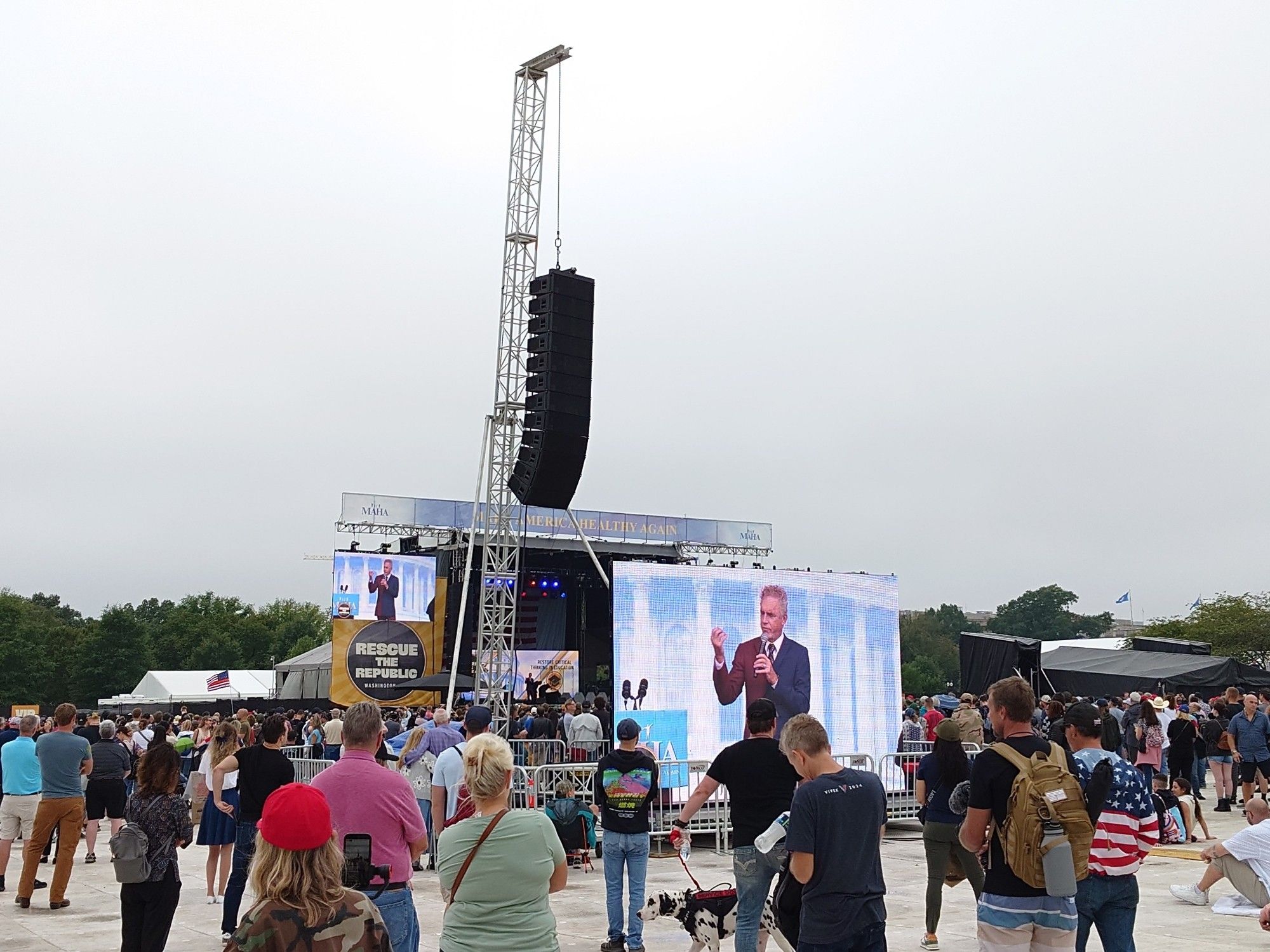 Stage in the distance, Jordan Peterson up front on a big screen.

There's that modest crowd again.