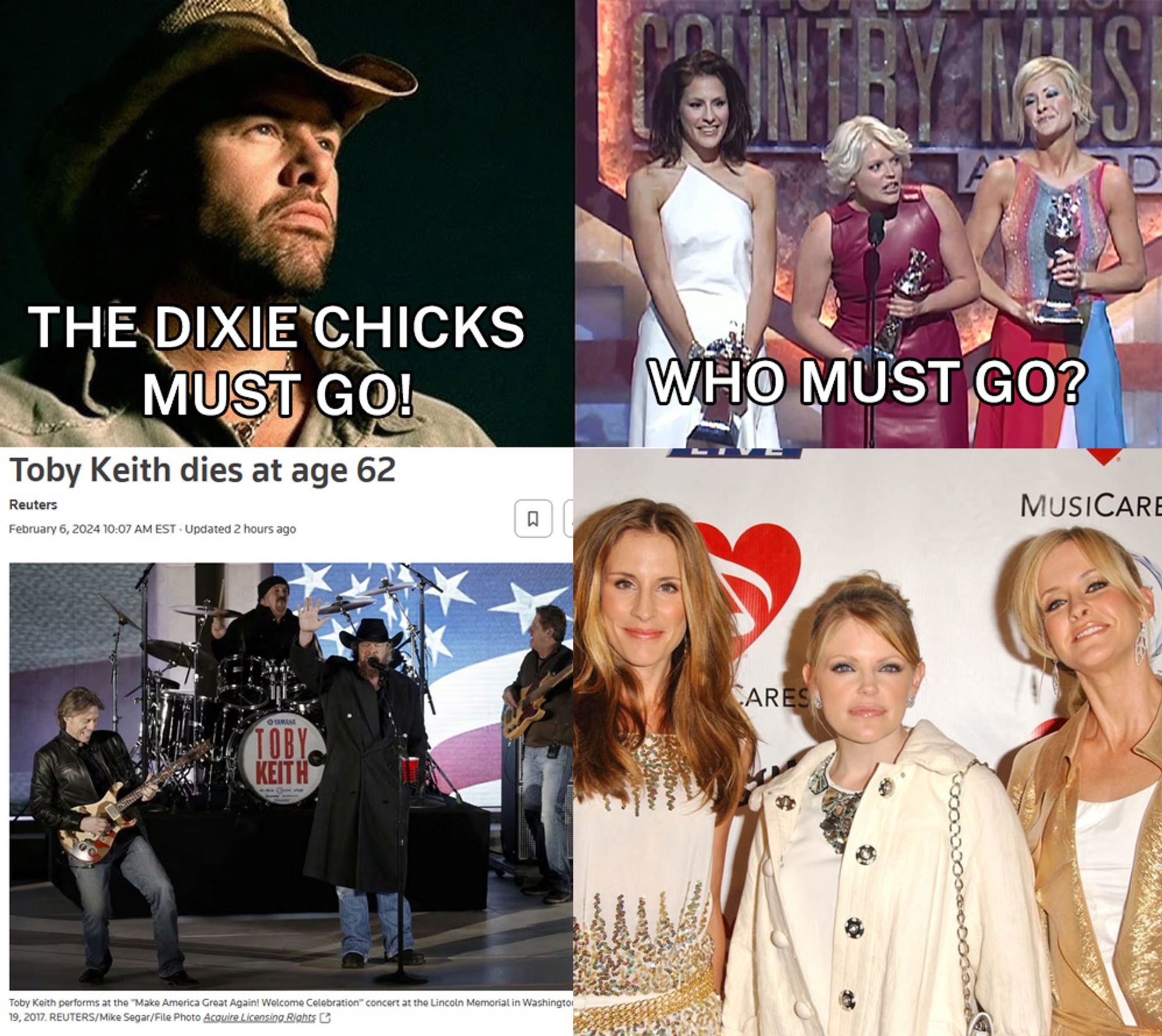 A four-panel goof referencing the "Assad must go!" meme featuring Toby Keith and The Chicks (formerly The Dixie Chicks).