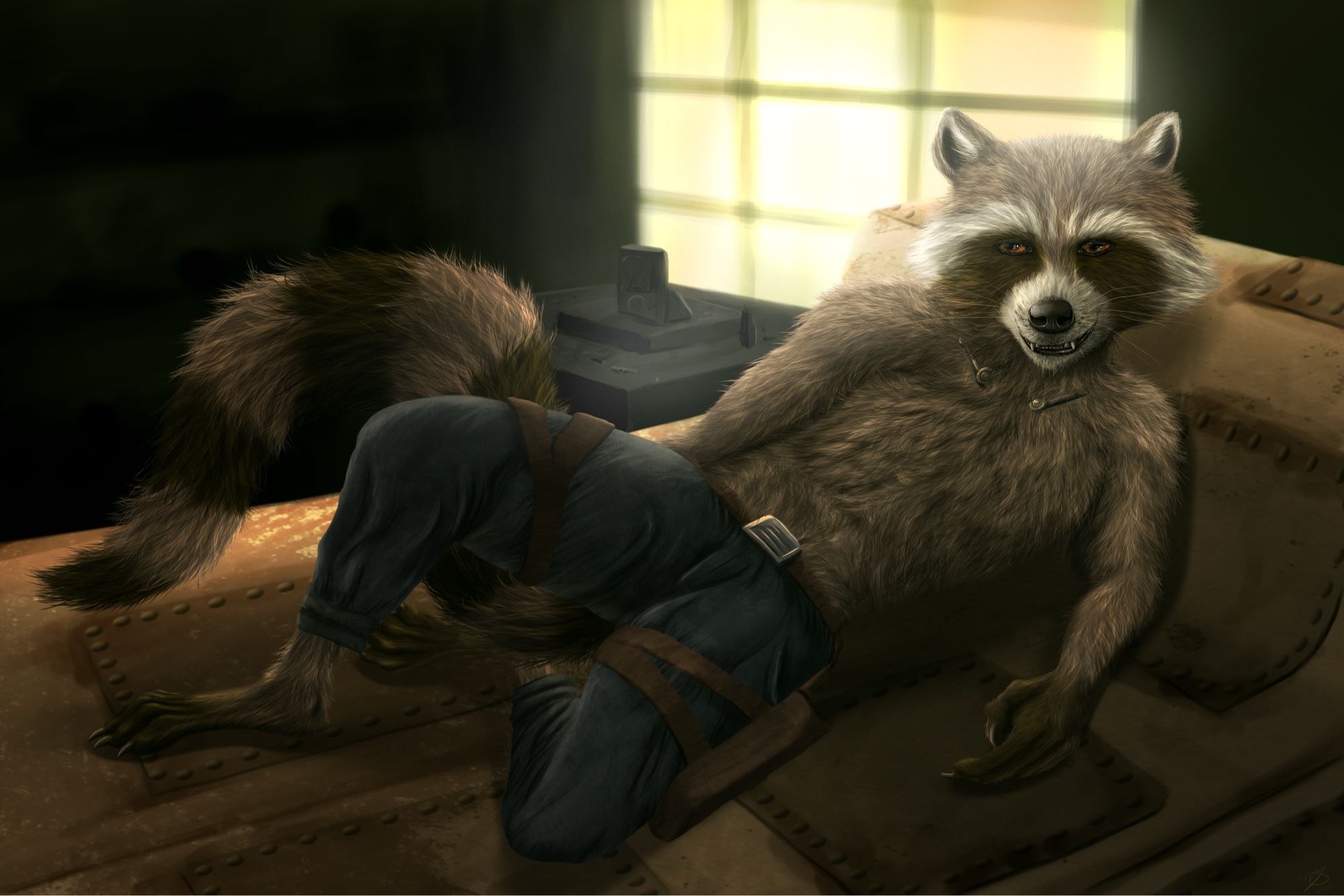 Rocket Raccoon lounging on his metal bed… why does he have a bed made of metal?! That can’t be comfortable!