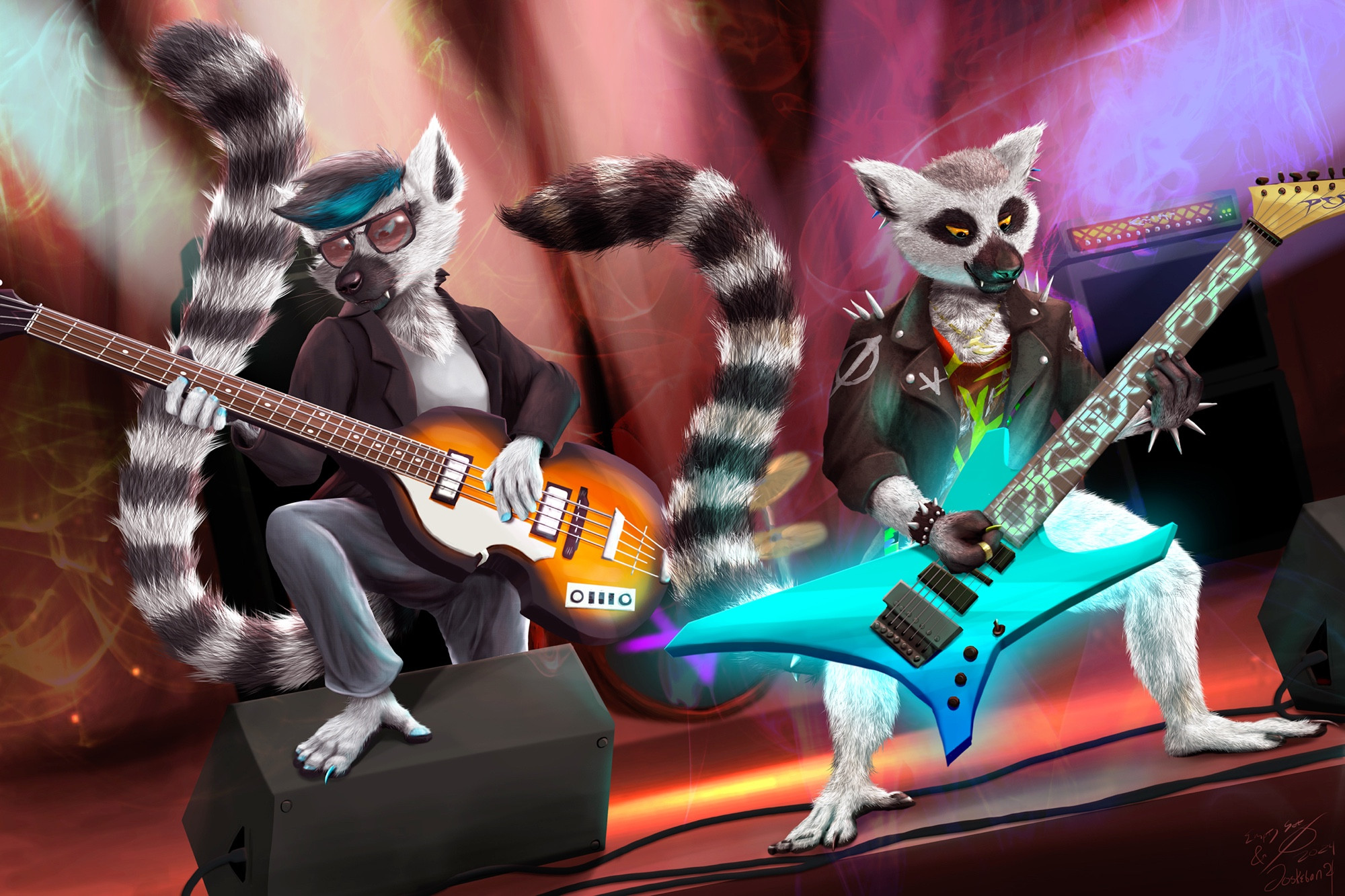 Two ring-tailed lemurs rocking out on stage. One paying a violin bass and the other playing a glowing 80s metal-styled 7-string. 