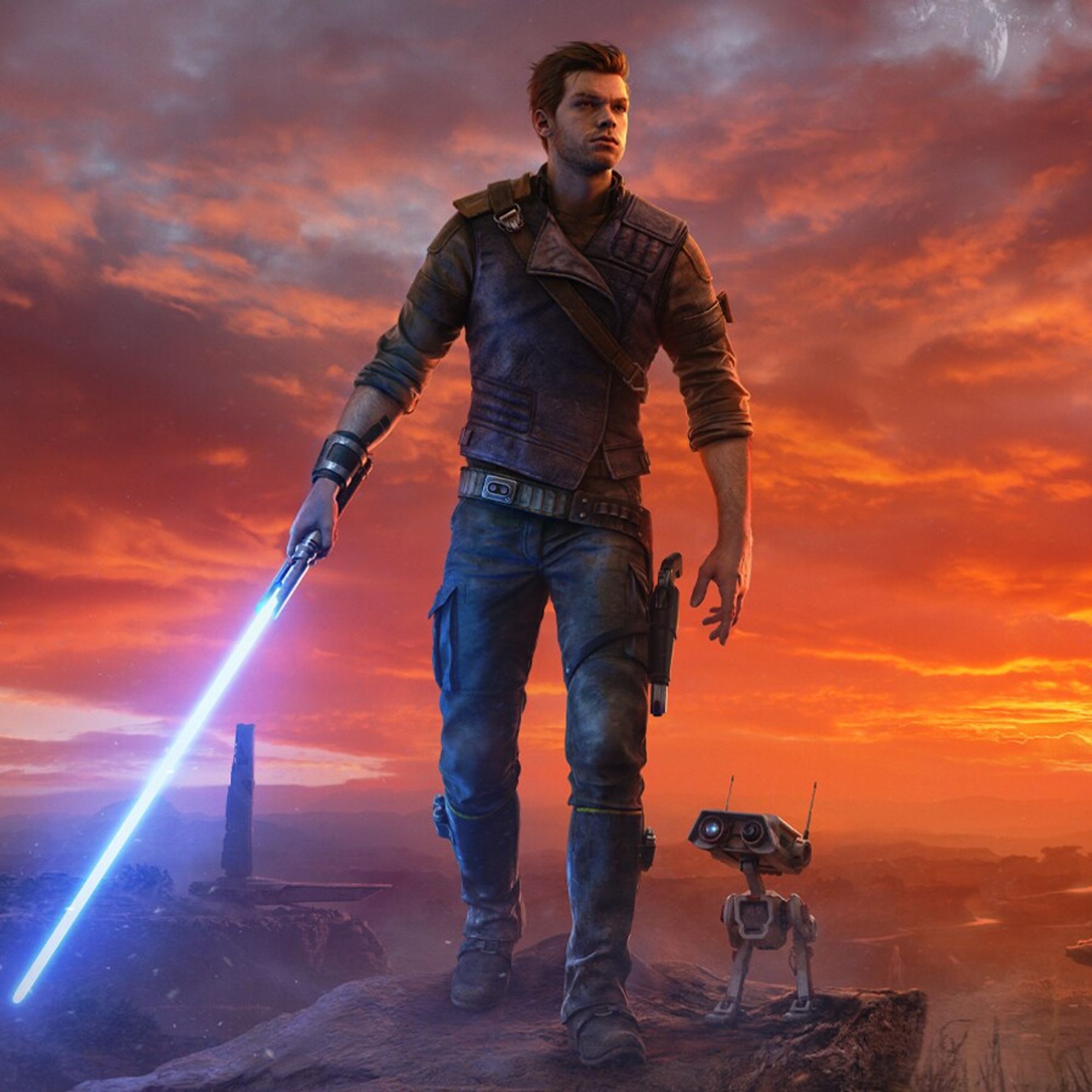 Key art from Jedi Survivor showing Kal Kestis holding a lightsaber. BB-1, his droid companion, is standing next to him. There's a cloudy red sky in the background.