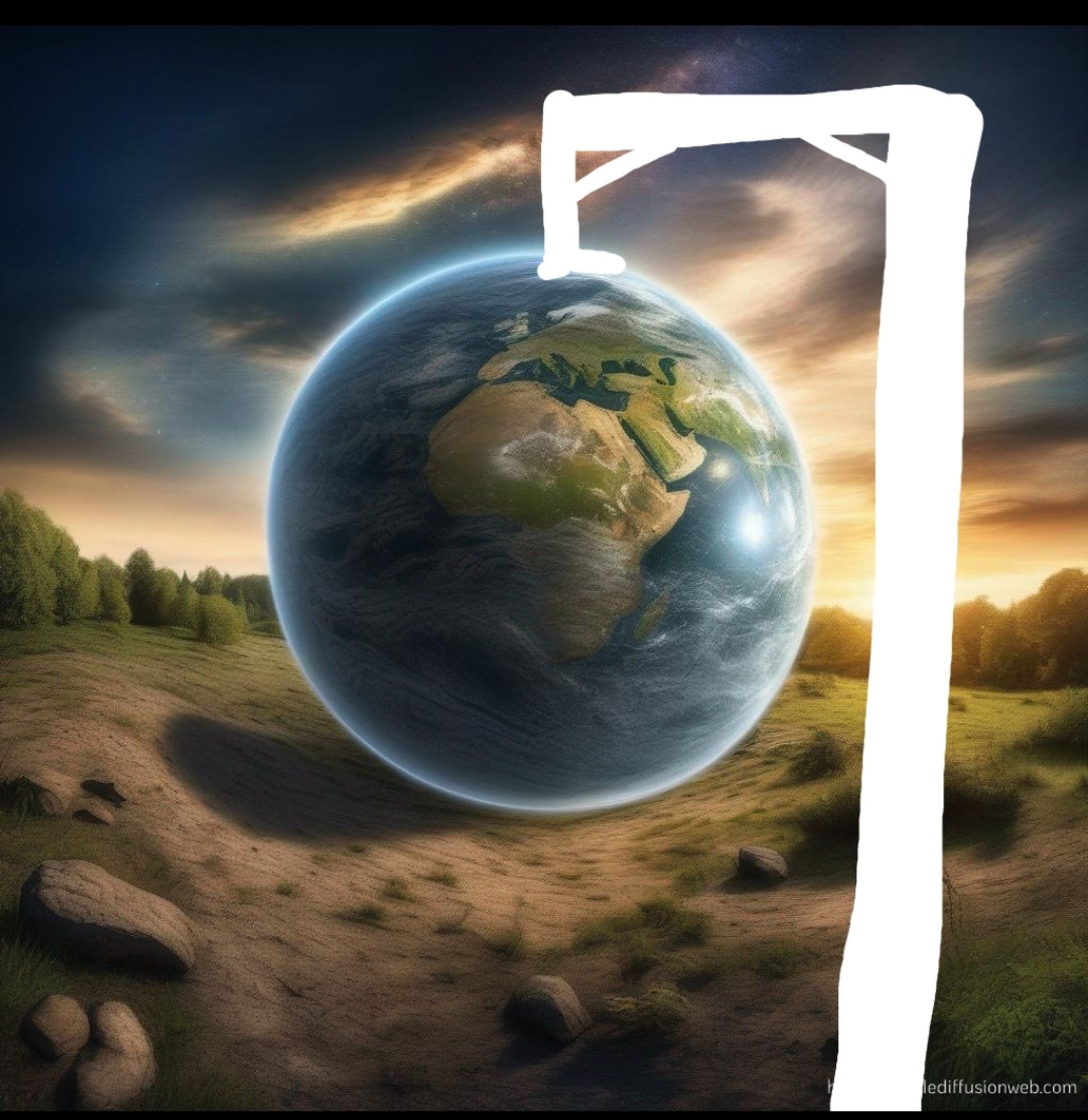 Der Planet Erde hängt an einem Galgen, der mit weissem Stift in das Bild gemalt ist. Den Hintergrund bildet eine Landschaft, vorne trockene Erde, ein paar grosse Steine, in der Ferne noch grüner Wald, am Himmel unruhige Stimmung mit Sonne und finsteren Wolken.