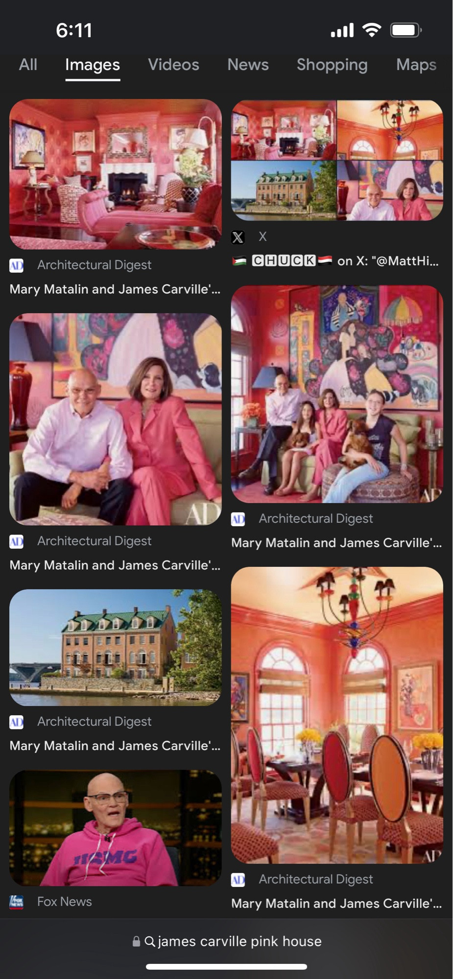 chrome search image results of “james carville pink house” showing several pictures of his pepto-bismol-pink home decor