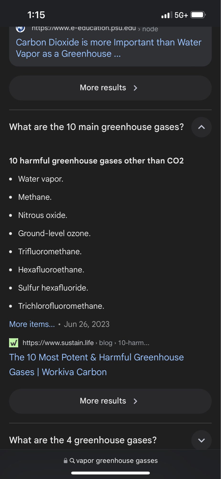 list of harmful greenhouse gases with water vapor at the top of the list, followed by methane, nitrous oxide, ozone, etc etc