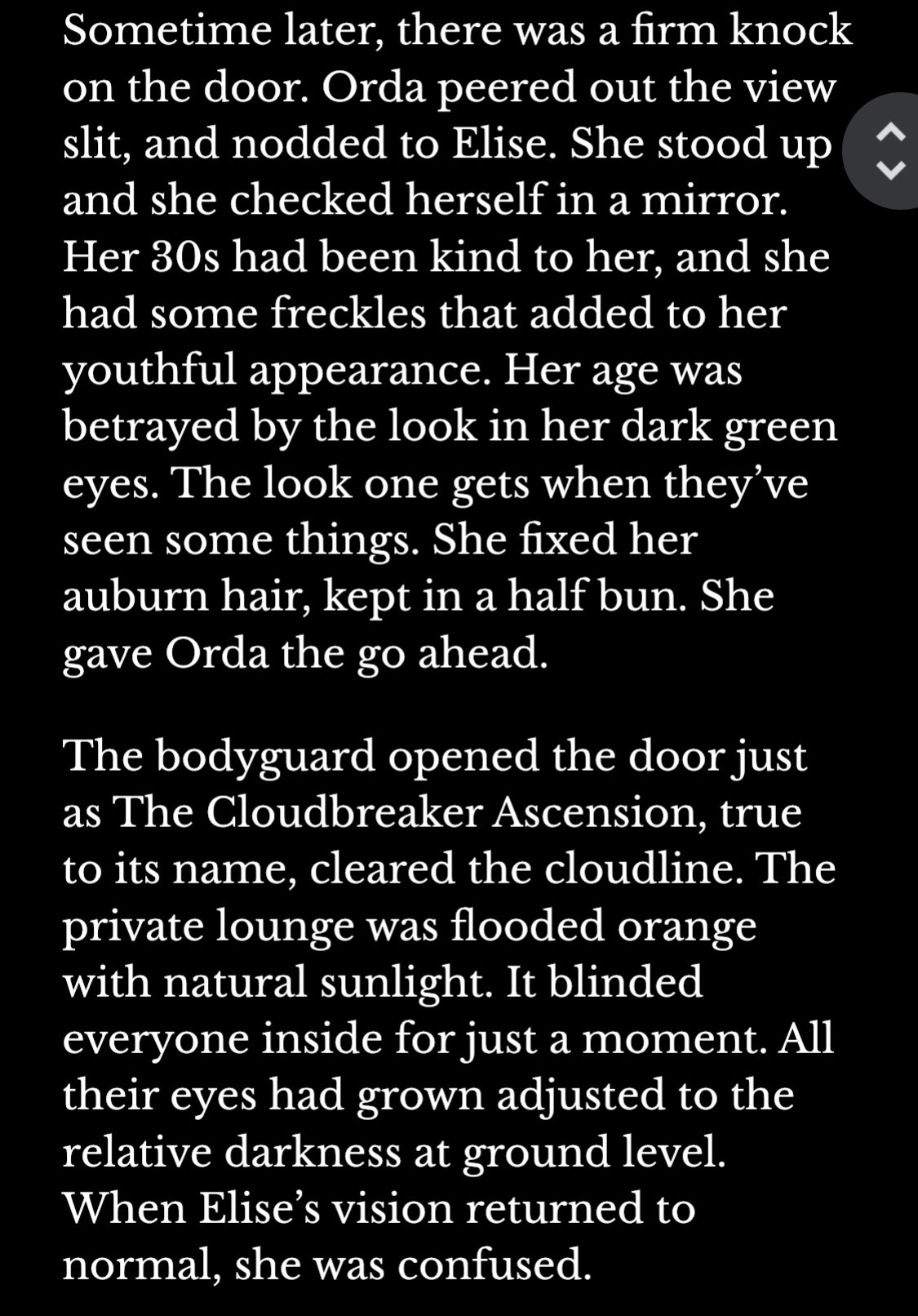 Sometime later, there was a firm knock on the door. Orda peered out the view slit, and nodded to Elise. She stood up and she checked herself in a mirror. Her 30s had been kind to her, and she had some freckles that added to her youthful appearance. Her age was betrayed by the look in her dark green eyes. The look one gets when they’ve seen some things. She fixed her auburn hair, kept in a half bun. She gave Orda the go ahead.
The bodyguard opened the door just as The Cloudbreaker Ascension, true to its name, cleared the cloudline. The private lounge was flooded orange with natural sunlight. It blinded everyone inside for just a moment. All their eyes had grown adjusted to the relative darkness at ground level. When Elise’s vision returned to normal, she was confused.
