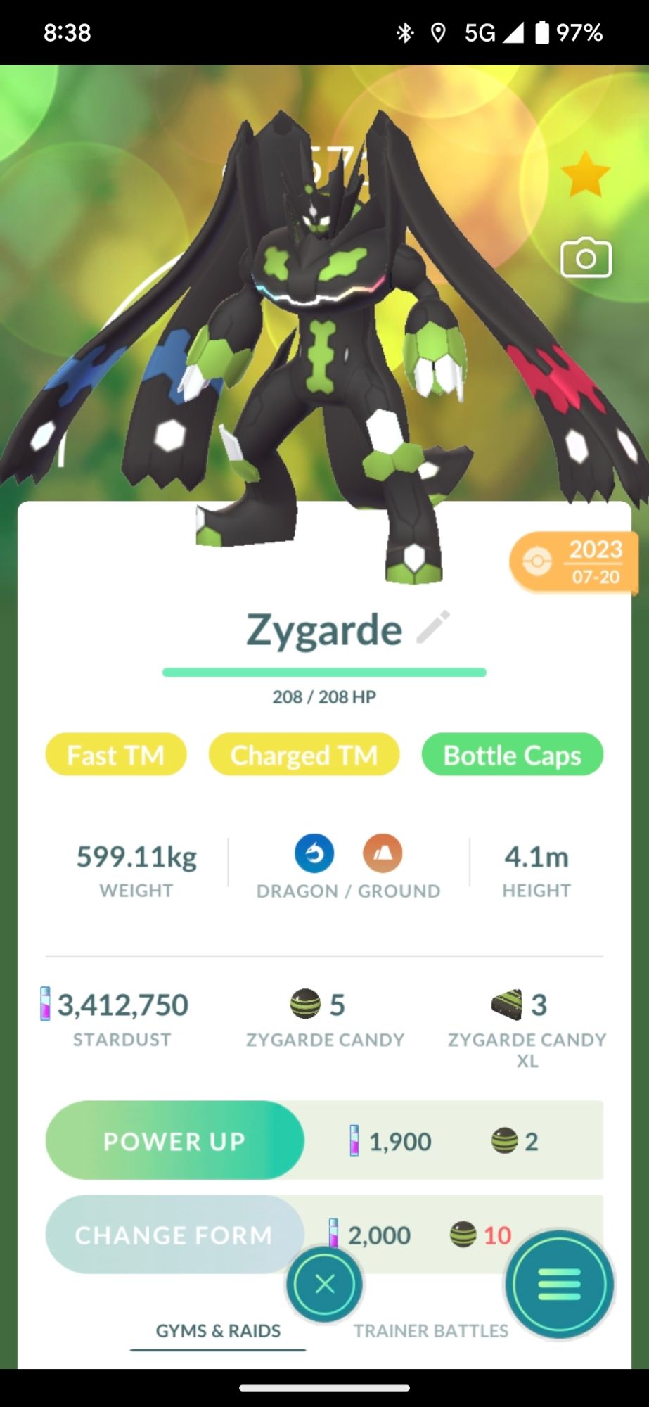 A screenshot of a Zygarde in its "Complete Form" from Pokemon Go, which requires 250 of an item capped at 3 per day to obtain.