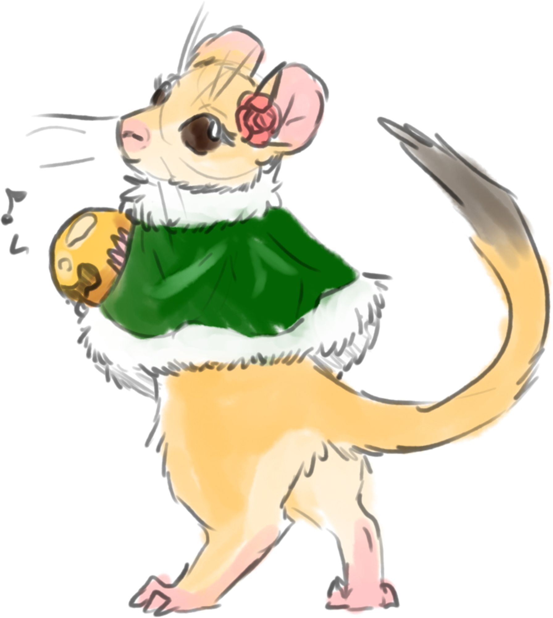 Friend Len's mouse fursona, wearing a fur trimmed green cape with a large gold bell.