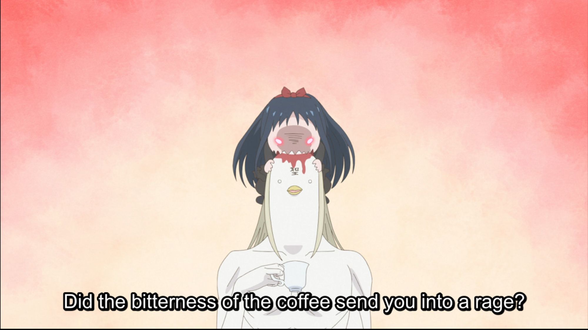 Hibana Kagari, savagely biting her familiar's head while he drinks coffee.

Screencap from The Magical Girl and the Evil Lieutentant Used to Be Archenemies.