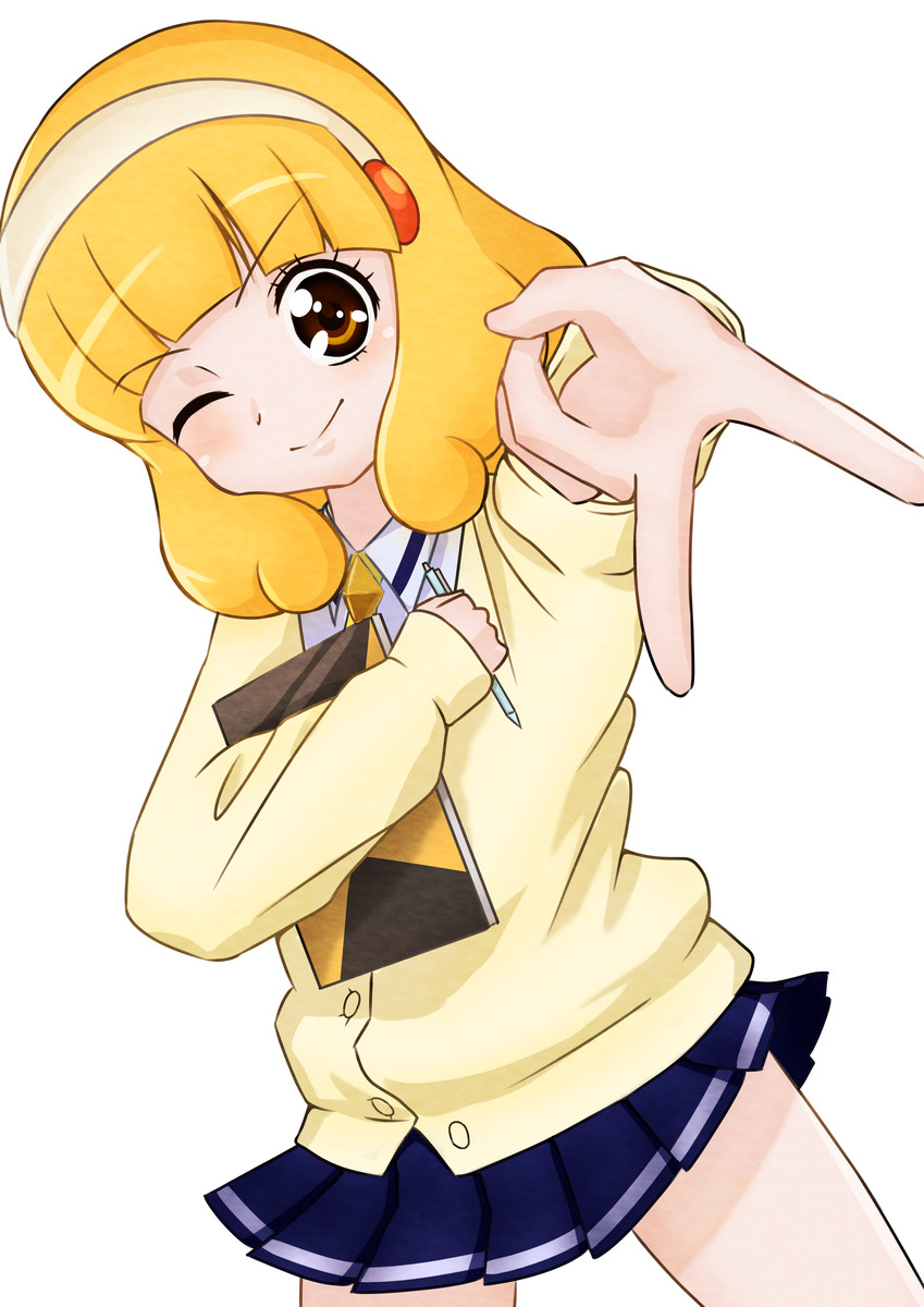 Yayoi Kise (Smile Precure), winking and giving a V-sign to the camera while clutching a sketchbook to her chest.