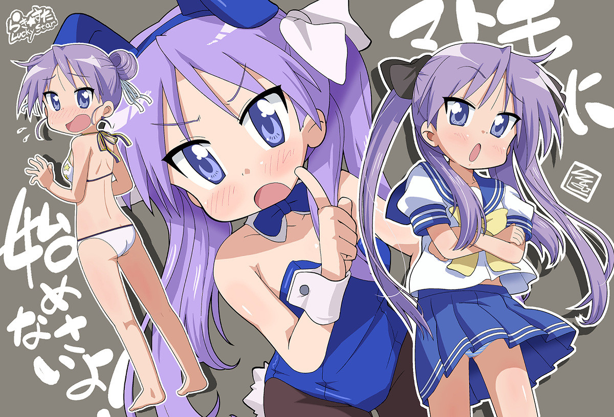 Kagami Hiiragi (Lucky Star) in a bikini with her hair in buns, a Playboy bunny suit, and her school uniform