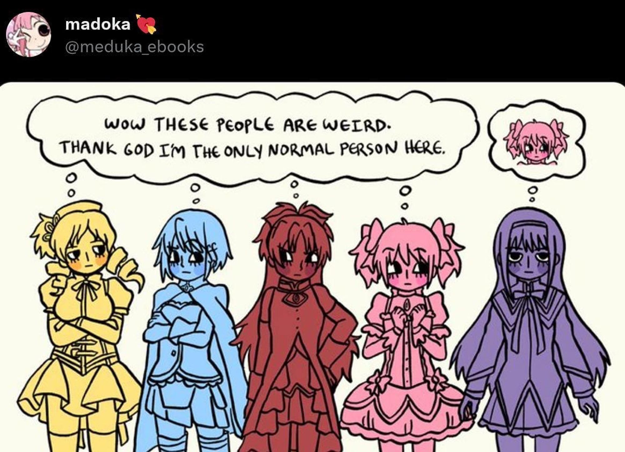 The cast of Puella Magi Madoka Magica (L to R: Mami Tomoe, Sayaka Miki, Kyoko Sakura, Madoka Kaname, Homura Akemi) standing in a row.

Mami, Sayaka, and Kyoko are looking at each other apprehensively, while Madoka is looking at Homura with a similar expression. Homura is staring straight ahead, emotionless.

Mami, Sayaka, Kyoko, and Madoka, all thinking: "Wow these people are weird. Thank god I'm the only normal person here."

Homura's thought balloon is just a picture of Madoka's face.