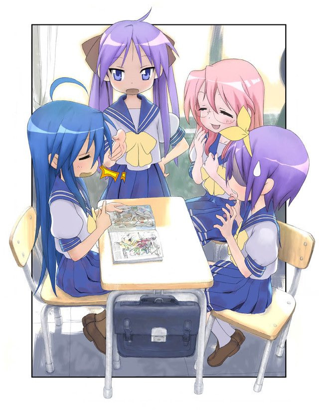 Konata Izumi, Kagami Hiiragi, Miyuki Takara, and Tsukasa Hiiragi (Lucky Star) gathered around a school desk