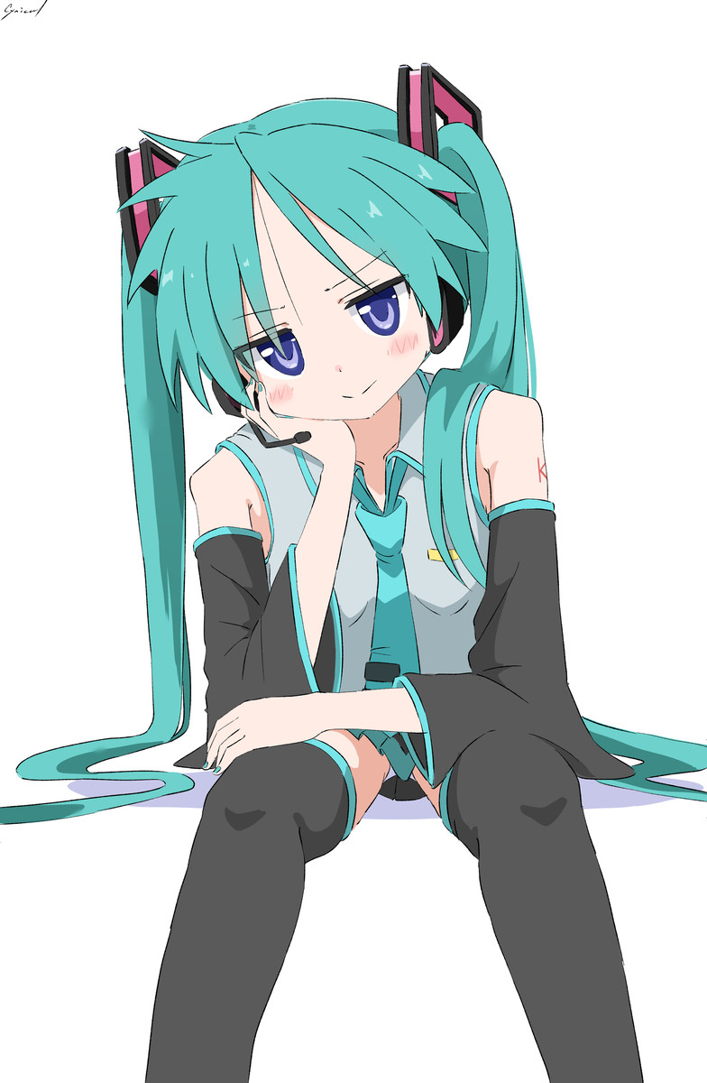 Kagami Hiiragi (Lucky Star) cosplaying as Hatsune Miku (Vocaloid)