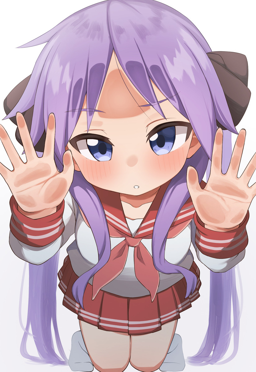 Kagami Hiiragi (Lucky Star) pressing her hands and forehead against glass.