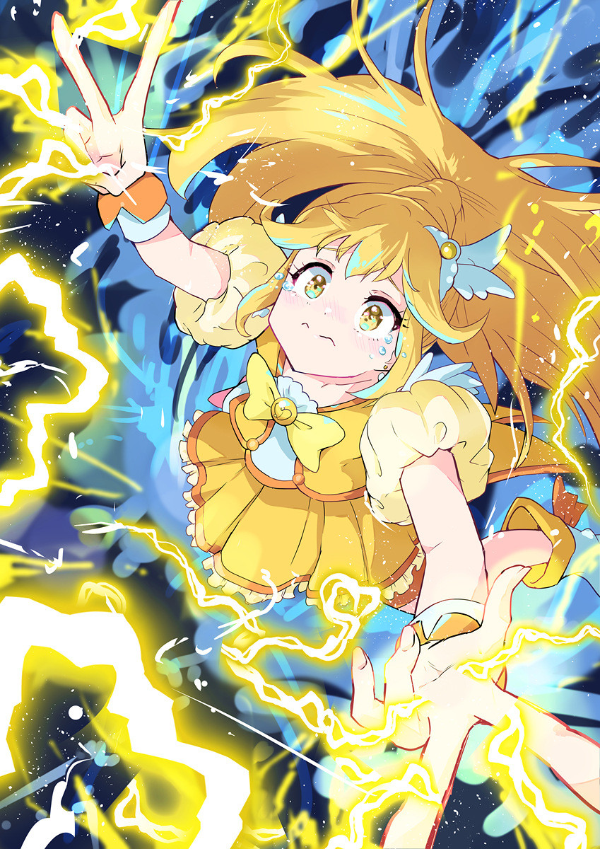 Yayoi Kise / Cure Peace (Smile Precure) releasing lightning from her fingertips with a teary, nervous expression