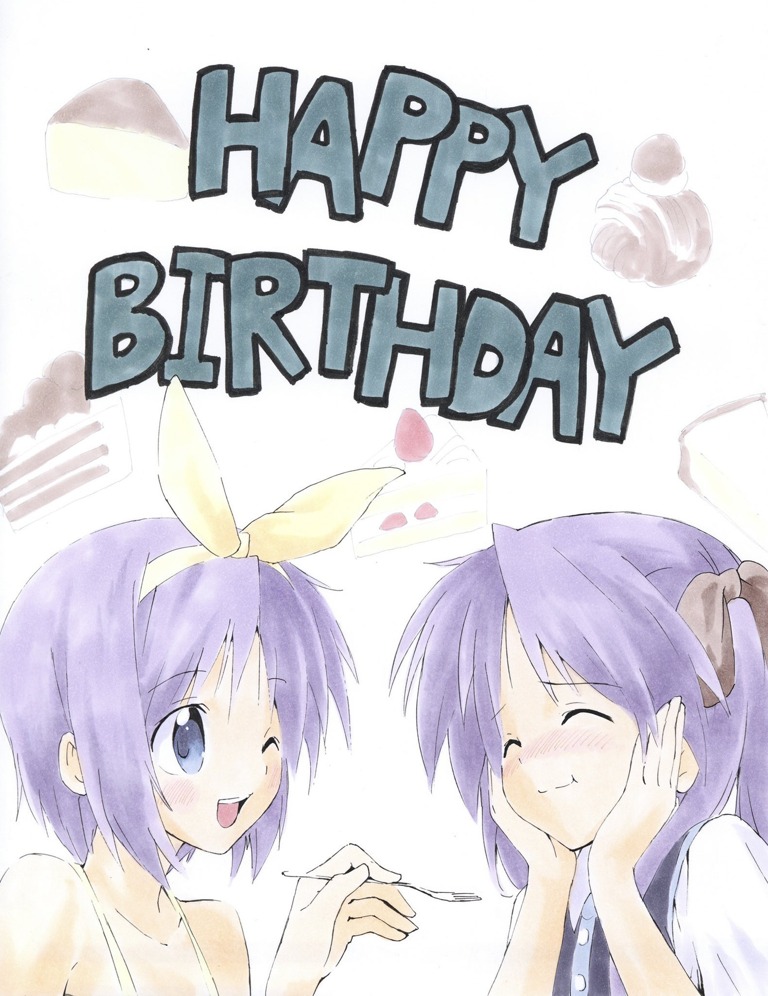 Kagami and Tsukasa Hiiragi (Lucky Star), sharing cake.

Text: HAPPY BIRTHDAY