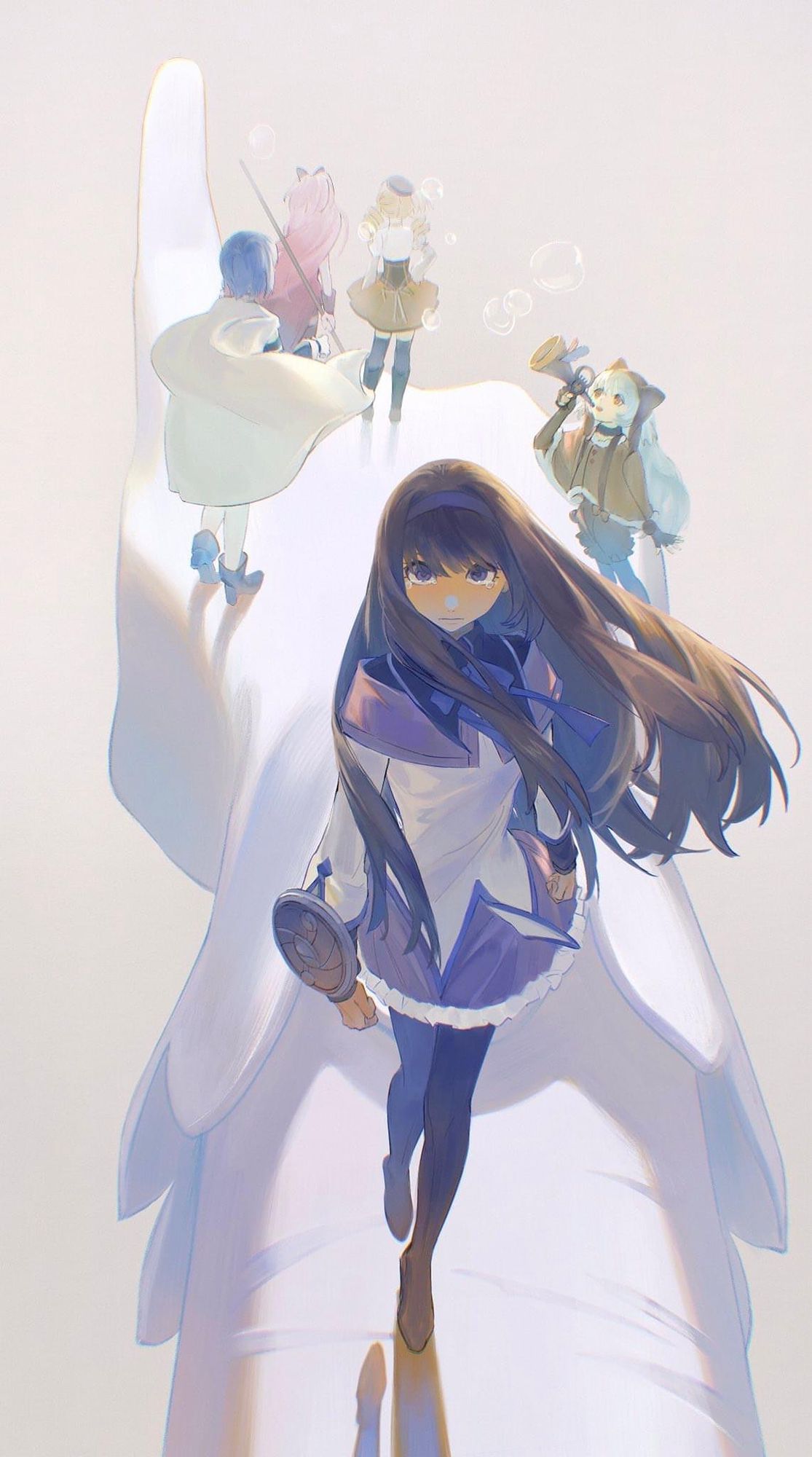 Homura Akemi walking toward the viewer, standing on a giant representation of Ultimate Madoka's forearm. In the background are Sayaka Miki, Kyoko Sakura, and Mami Tomoe, backs to the viewer, and Nagisa Momoe, blowing bubbles with her trumpet.