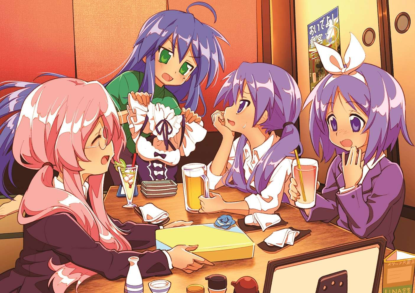 Adult Konata Izumi, Kagami Hiiragi, Tsukasa Hiiragi, and Miyuki Takara (all from Lucky Star), drinking at a bar together