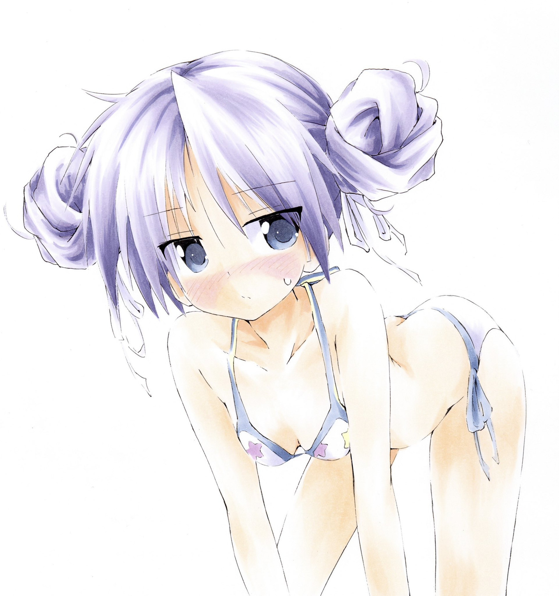 Kagami Hiiragi (Lucky Star) wearing a bikini and her pigtails in buns, bent over on all fours and blushing