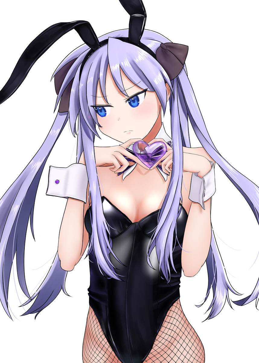 Kagami Hiiragi (Lucky Star) in a black Playboy bunny suit, making a heart sign with her fingers and looking embarrassed.