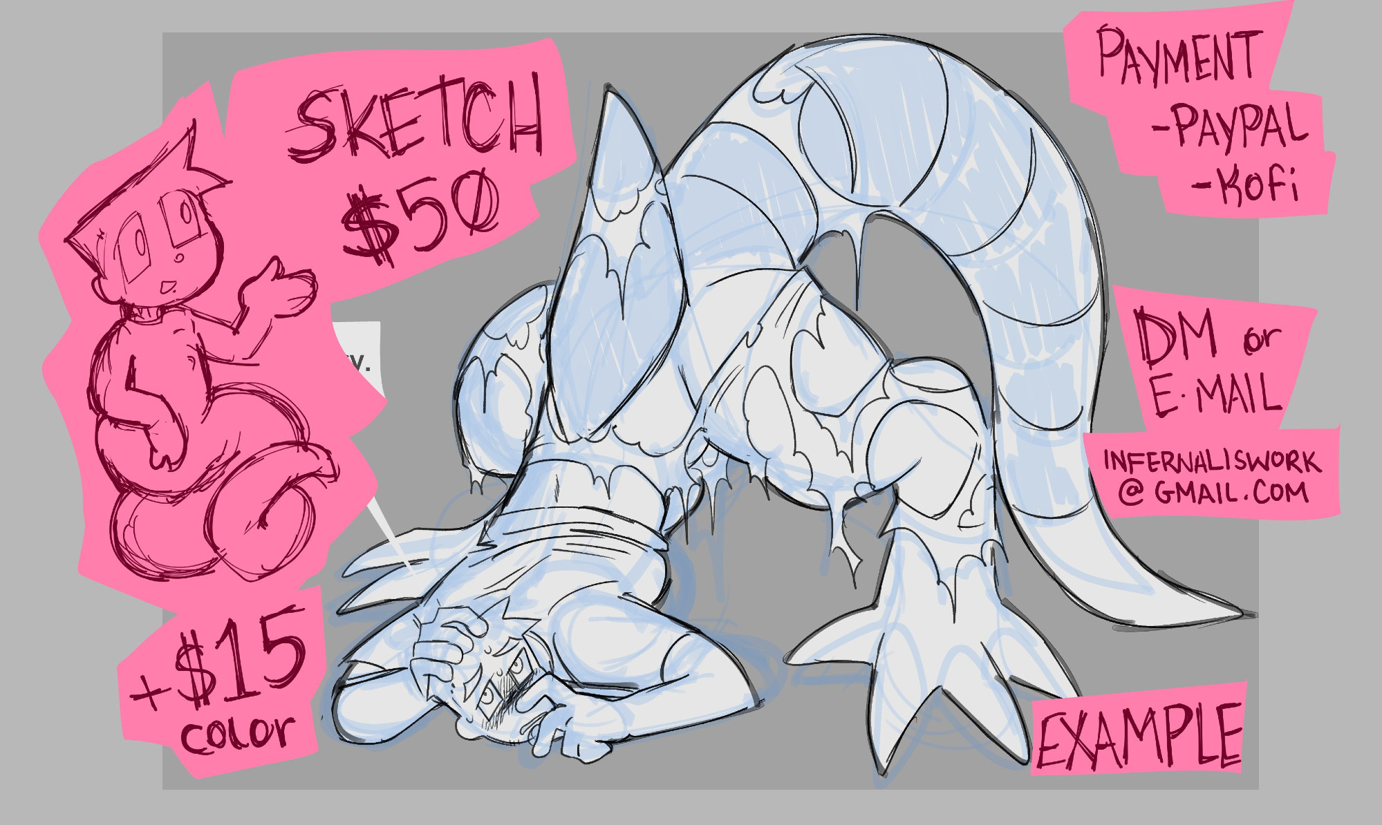 commission price reference sheet. $50 for a base sketch , +$15 for color.  dm or email for interest. email: infernaliswork@gmail.com