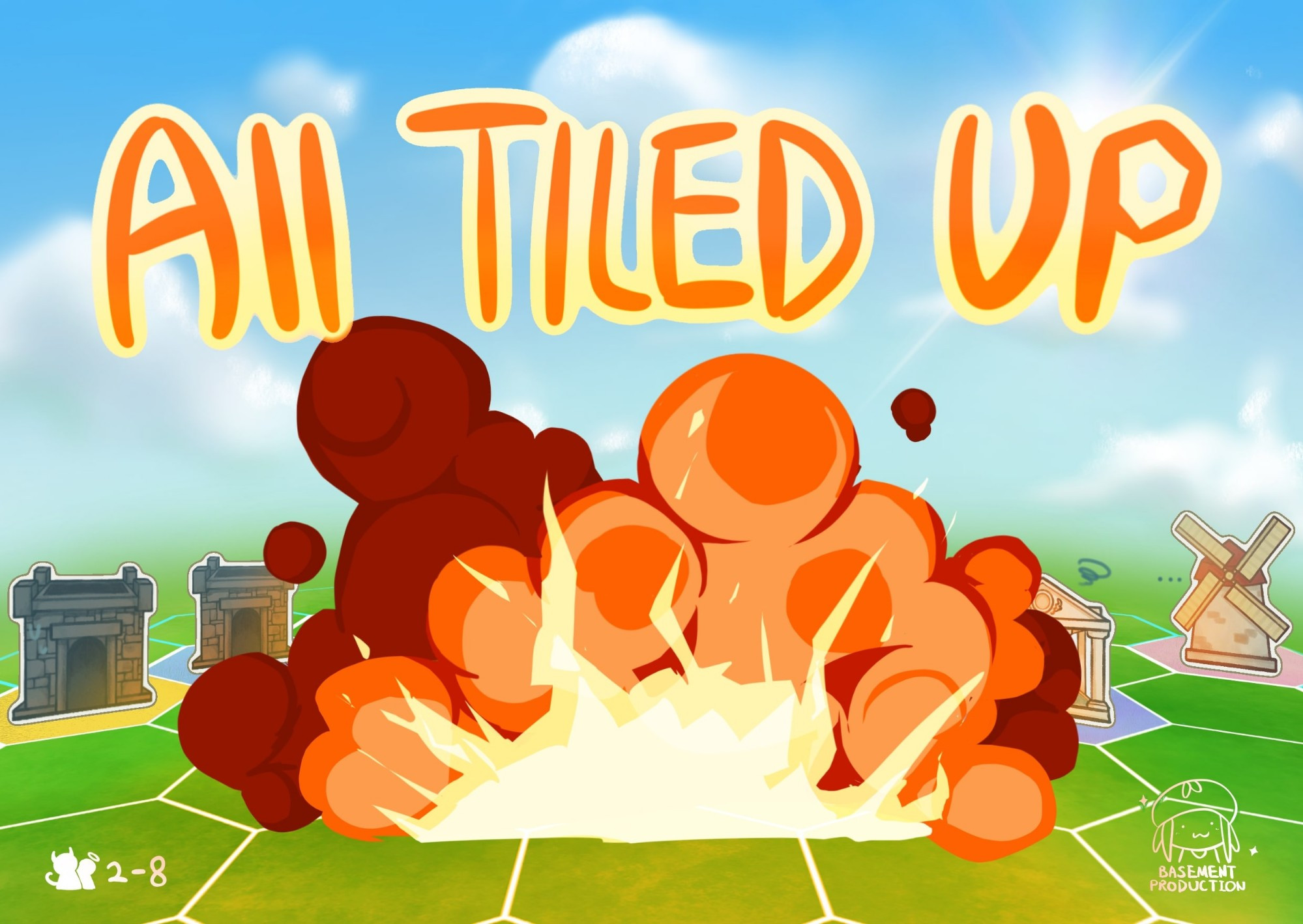 An cartoon explosion on a grass field with hexagonal grids. Several buildings can be seen behind the explosion. In the top there is the all capitalized title of the game "ALL TILED UP". Bottom left corner has a small picture indicating the recommended player number is two to eight people. Bottom right corner is the company logo with a small doodle of a person wearing jellyfish hat with the name of the company "BASEMENT PRODUCTIONS" underneath it.