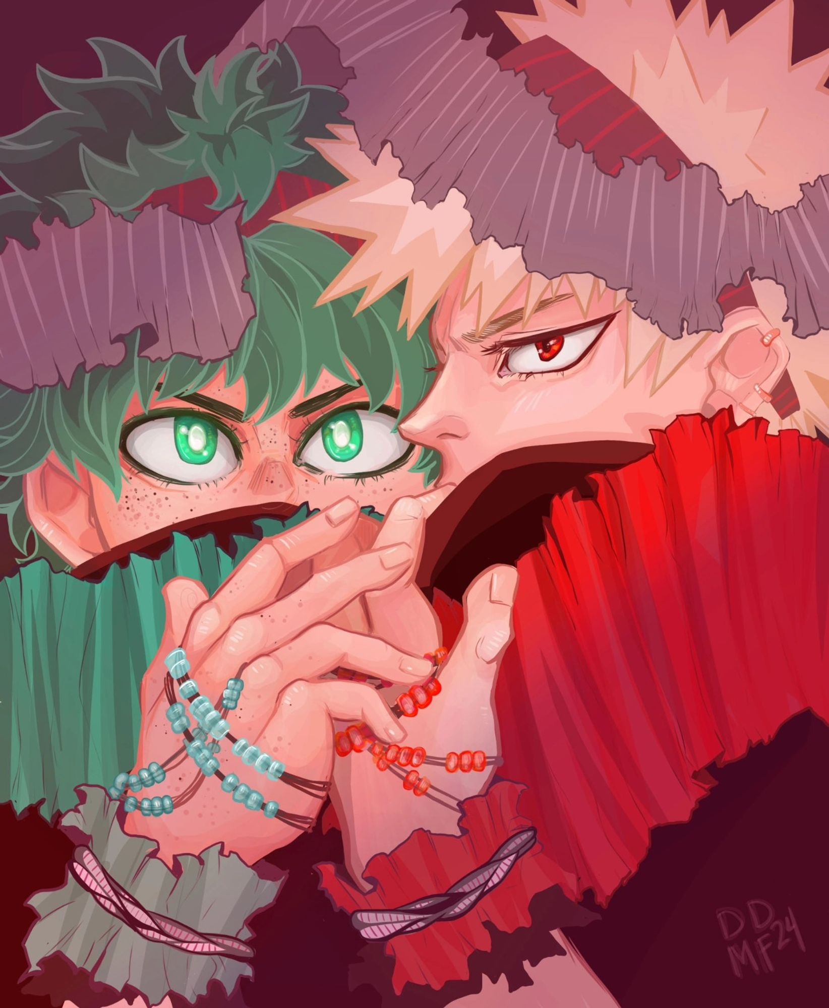 Deku and Kacchan, in the style of one of Kohei Horikoshi's illustrations. Both are staring out at the viewer, lots of floating fabric and tension.