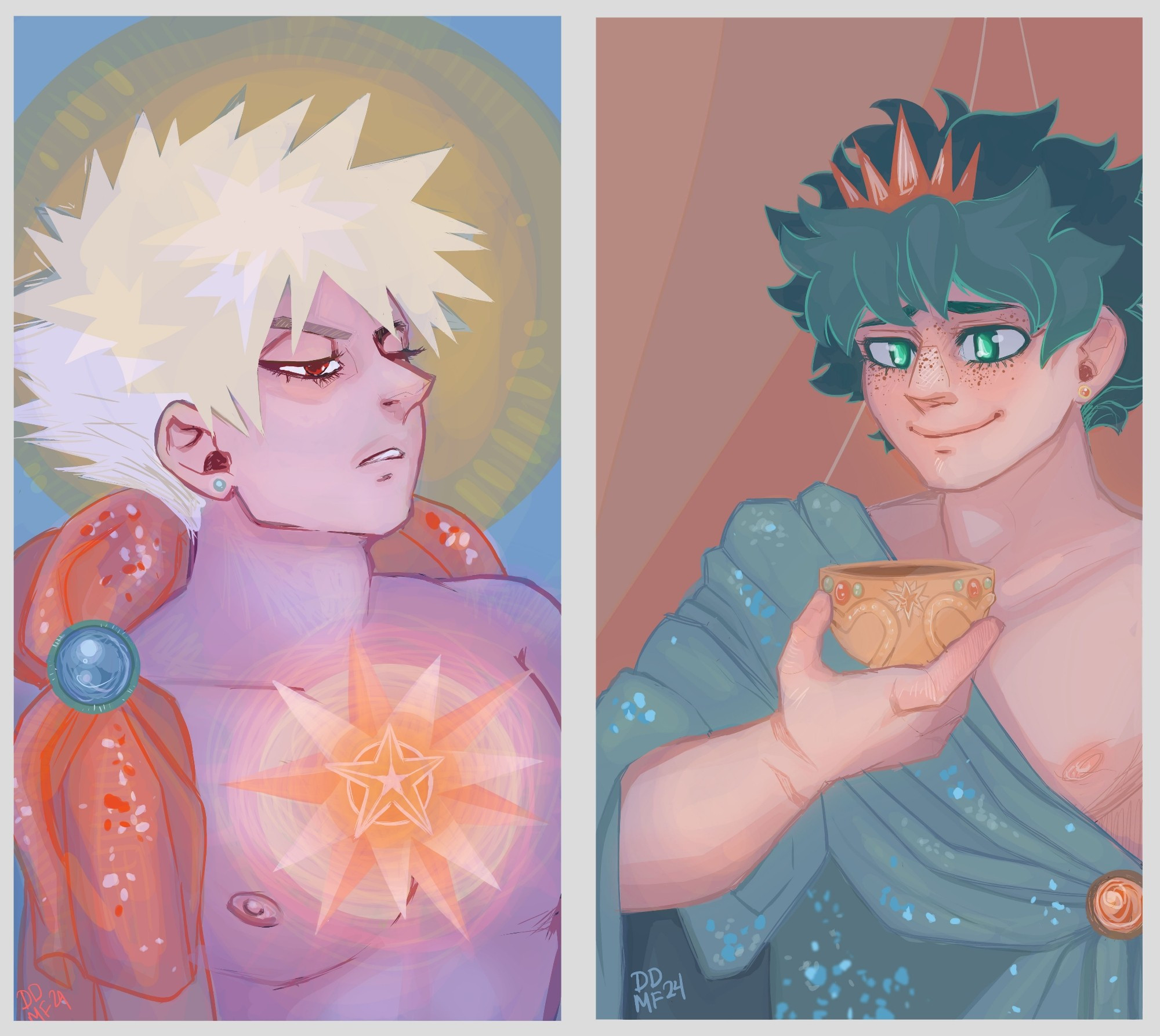 On the left, Bakugo Katsuki as The Star tarot card, he stands with a halo behind him, looking to the right. He is wearing an orange robe over his shoulder with a green jeweled clasp. There is a shining star bursting at his sternum. 

To the right is Deku as The Queen of Cups. He wears a delicate crown of gold, has a soft smile on his face, and is holding a golden cup with hearts and orange and green jewels. He is wearing a half robe of teal with an orange gem clasp.

They have matching earrings in orange and teal.