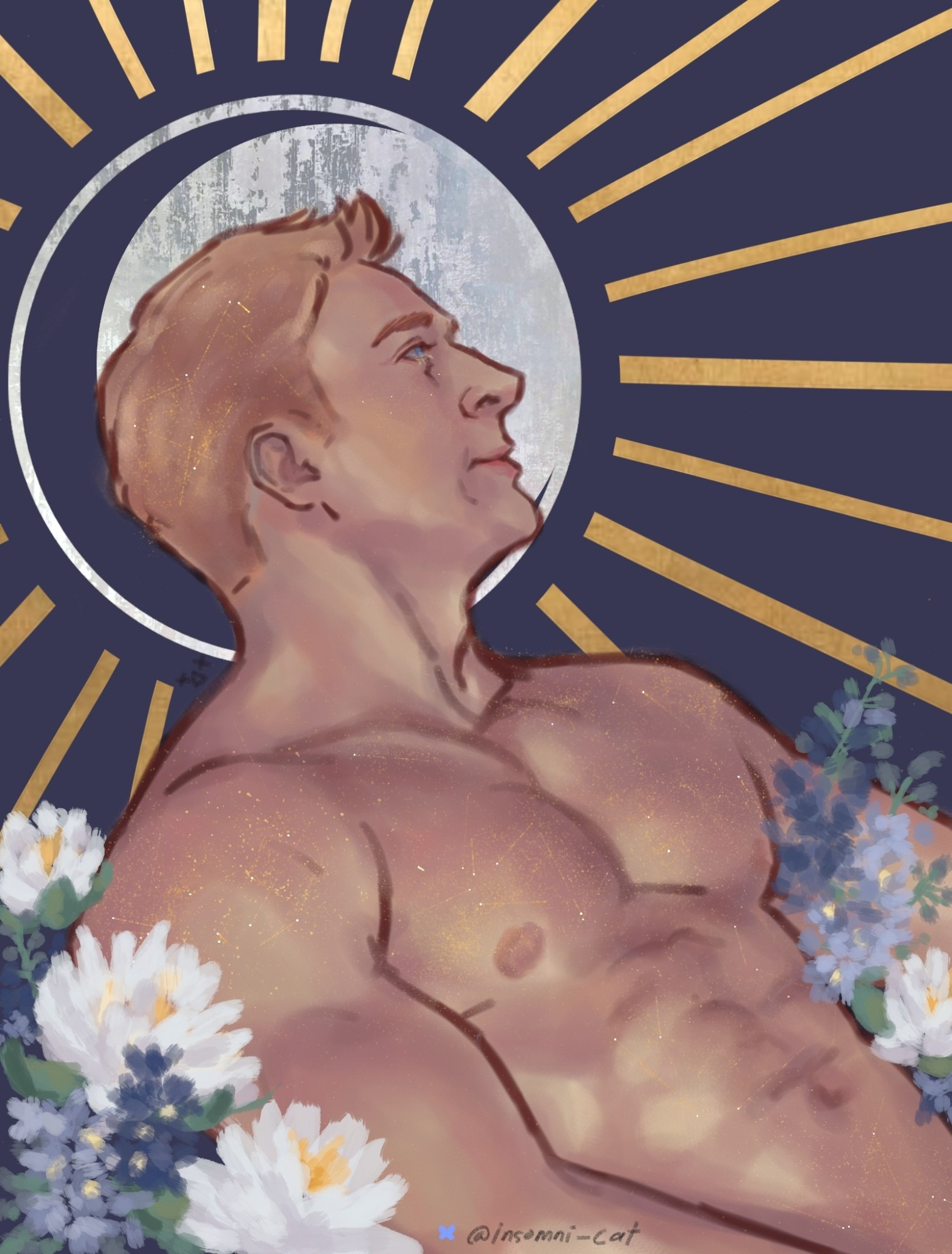 An illustration of Steve Rogers in celebration of his birthday. He's laying on a flower arrangement, his birth flowers which are water lily and blue delphinium. He has a bright smile on his face looking to the right. There is a graphic of a silver moon and golden sun rays in the background.