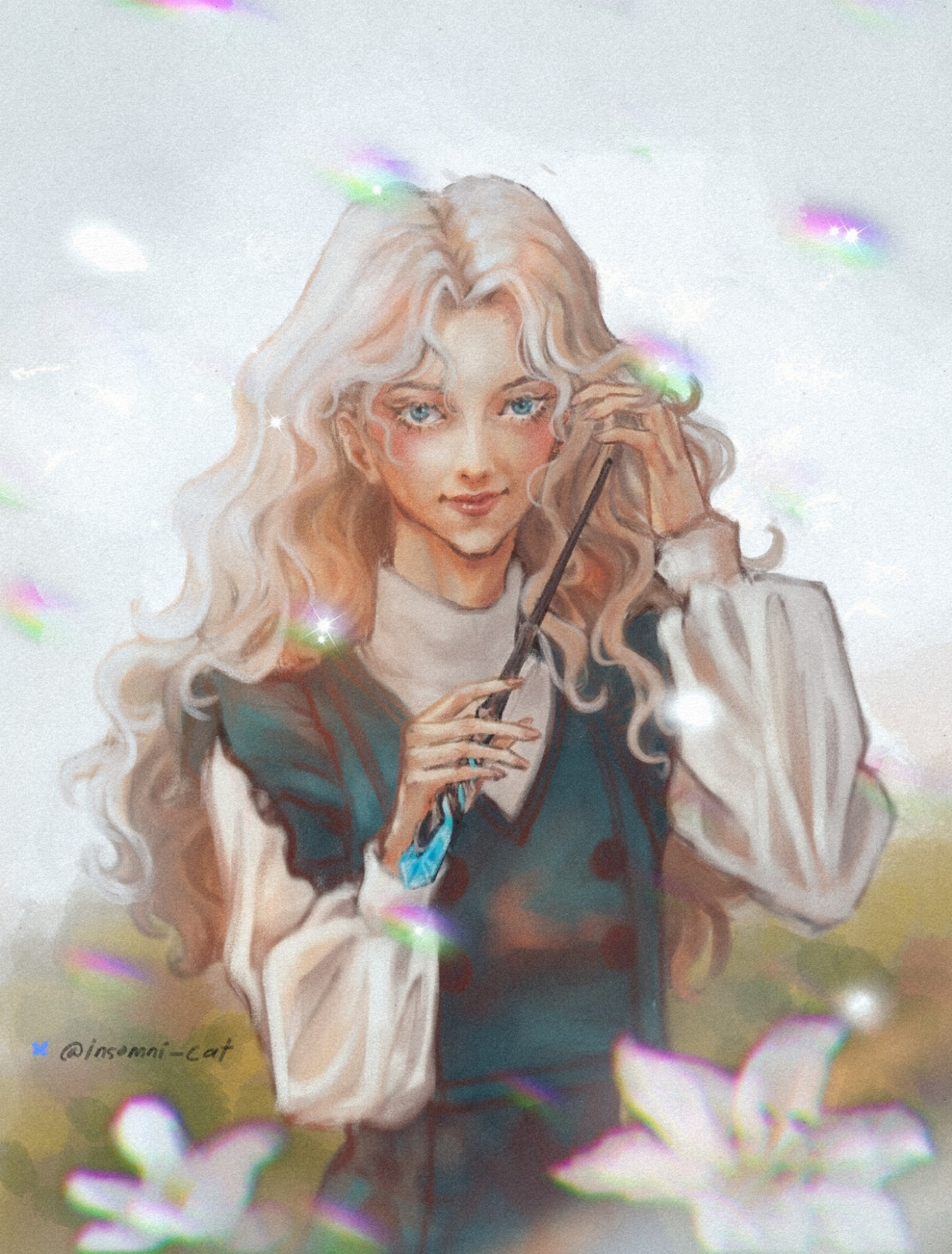 An illustration of my HPMA OC Visenya Vill in a field of flowers. She has white blond curly hair, green eyes and is wearing a green dress. She's looking straight ahead, playing with her hair with a slight smile on her face.