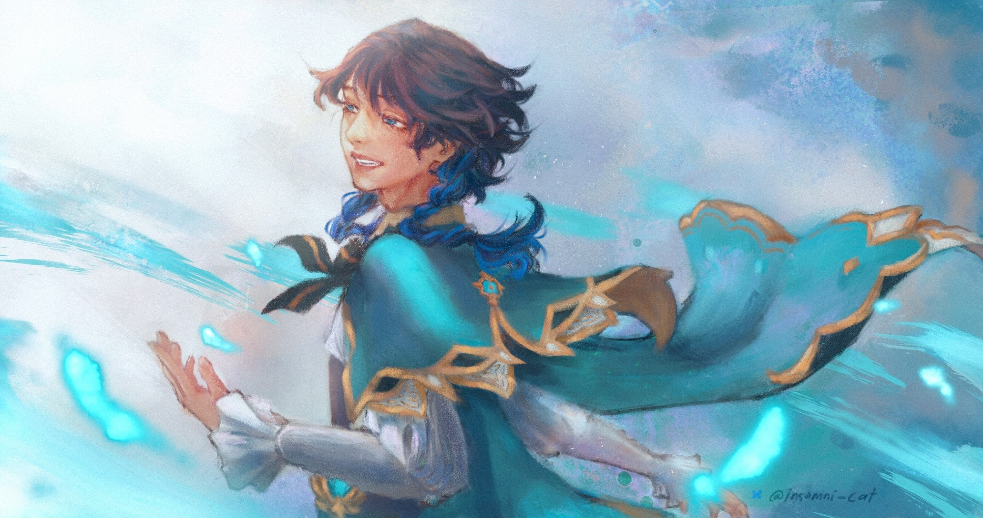 An illustration of Venti from Genshin Impact looking serene with his cape blown by the wind.