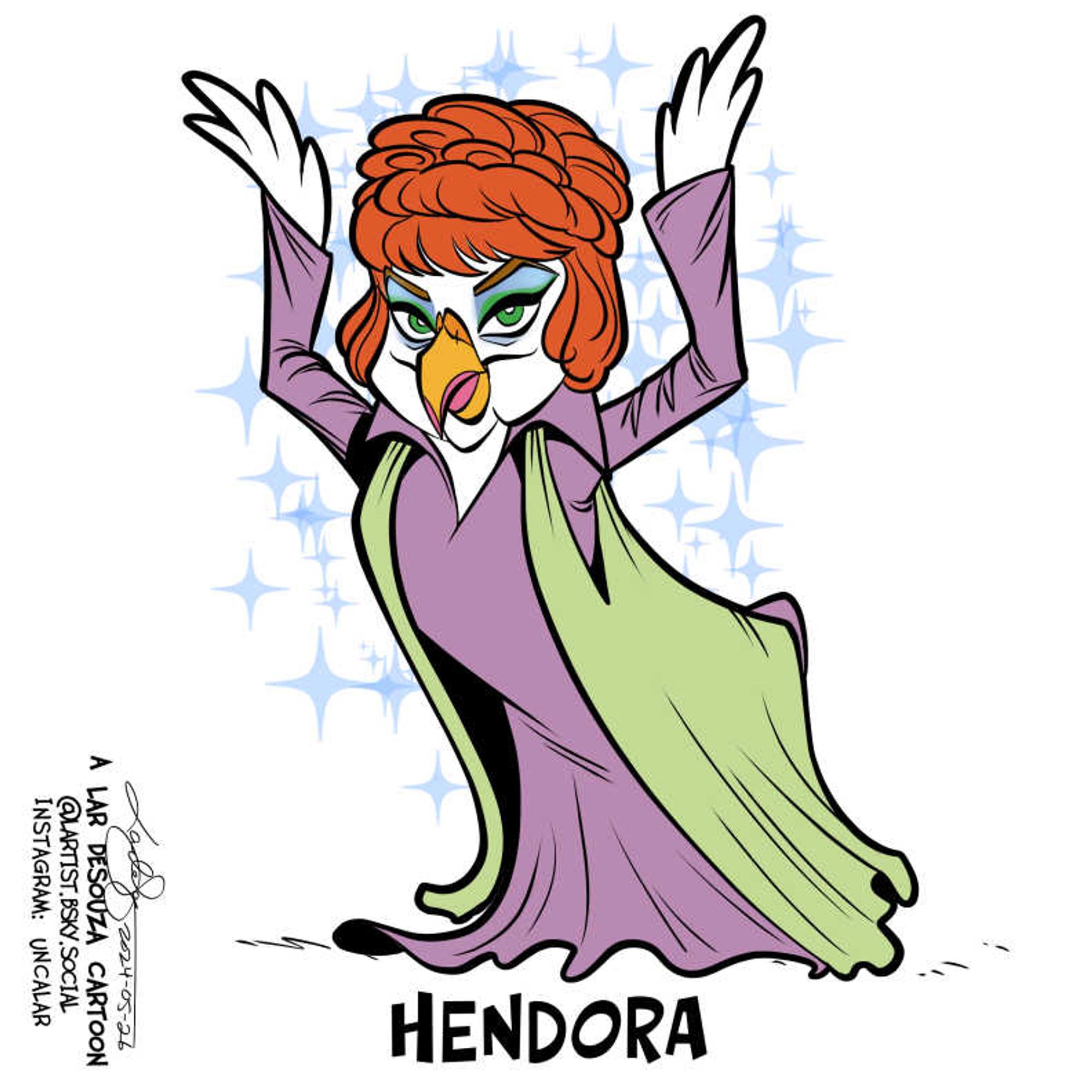 caricature of a chicken dressed as Endora from BeWitched
Caption: Hendora