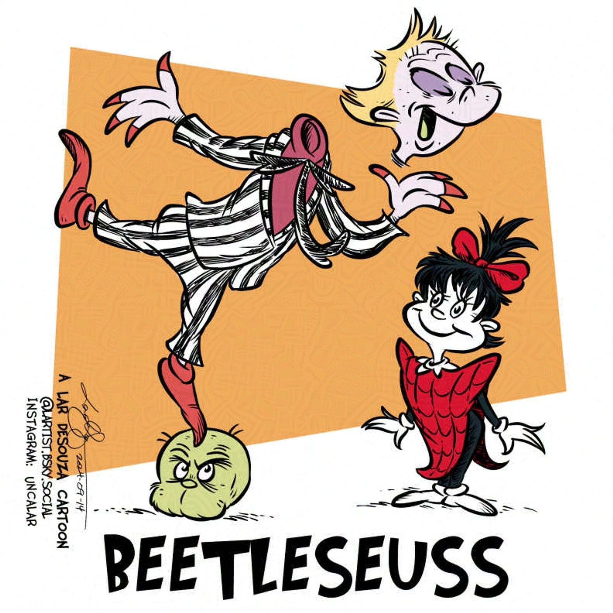 A cartoon of Beetlejuice and Lydia done in a Dr Seuss style
Caption: BeetleSeuss