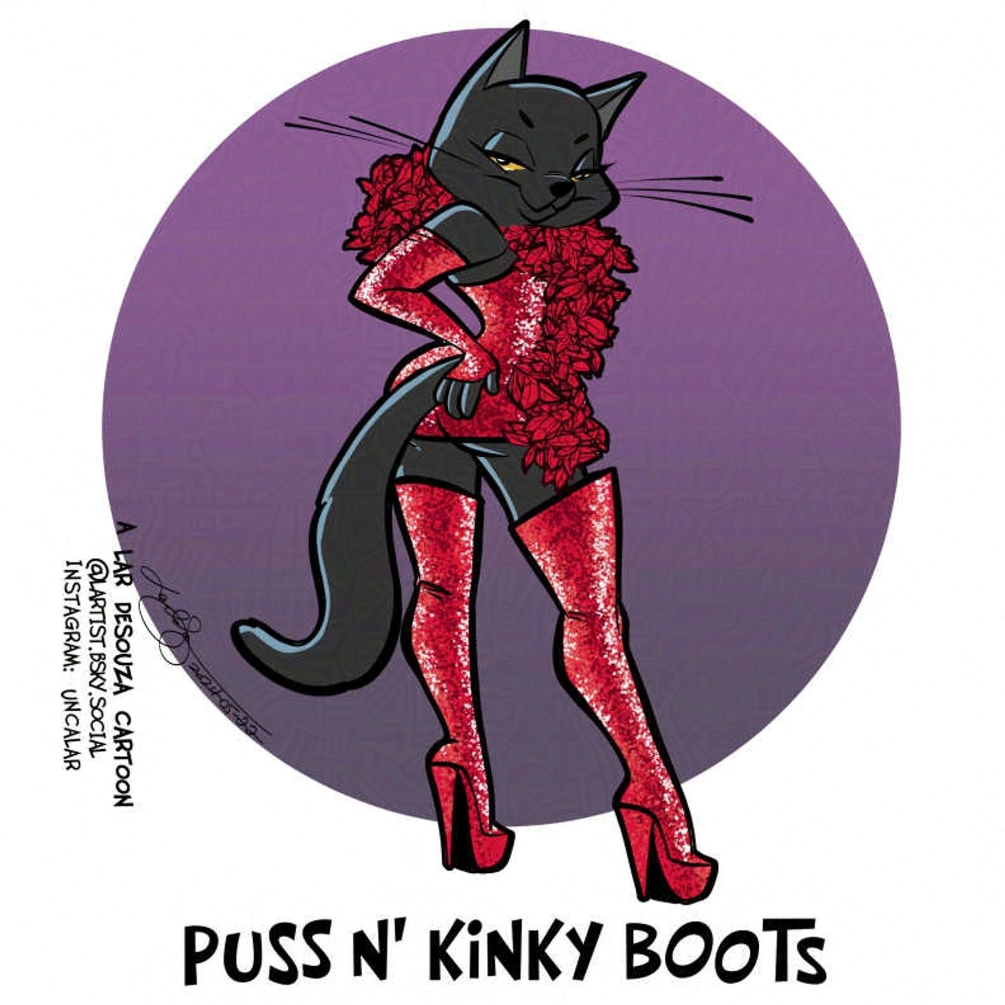 cartoon of a black cat in a sparkly outfit and high heeled boots
Caption: Puss n' kinky boots