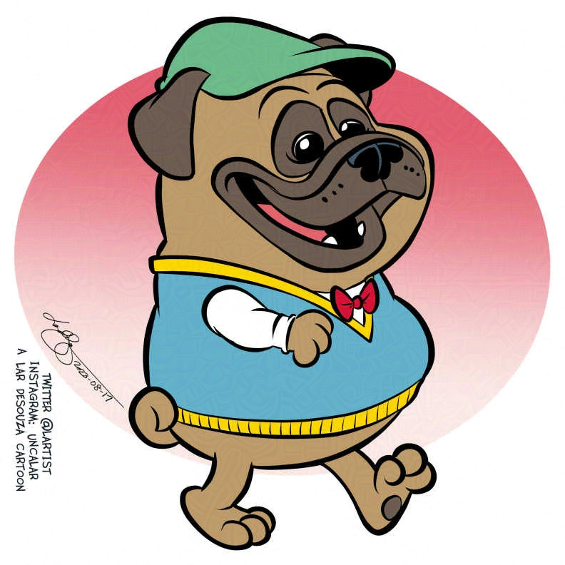 cartoon of a pug in a cap, bow tie and sweater vest