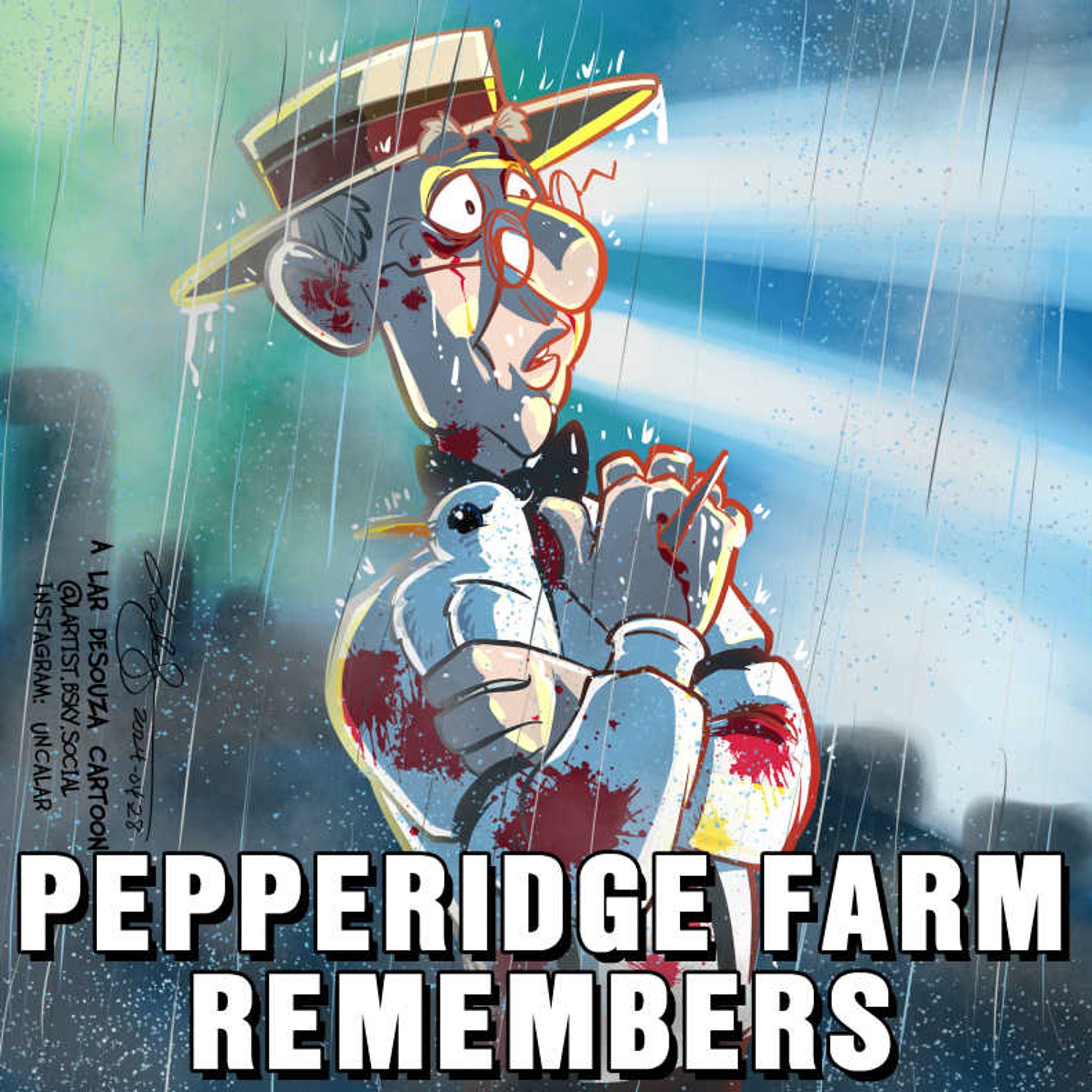 Caption: Pepperidge Farm Remembers
Cartoon of the old guy from the Pepperidge Farm commercials holding a dove and standing awestruck in a grey rainy background, reminiscent of the climax of Blade Runner.