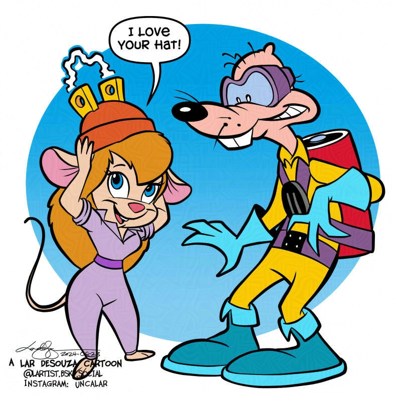 cartoon of Gadget Hackwrench trying on Megavolt's hat
Word balloon: I love your hat!