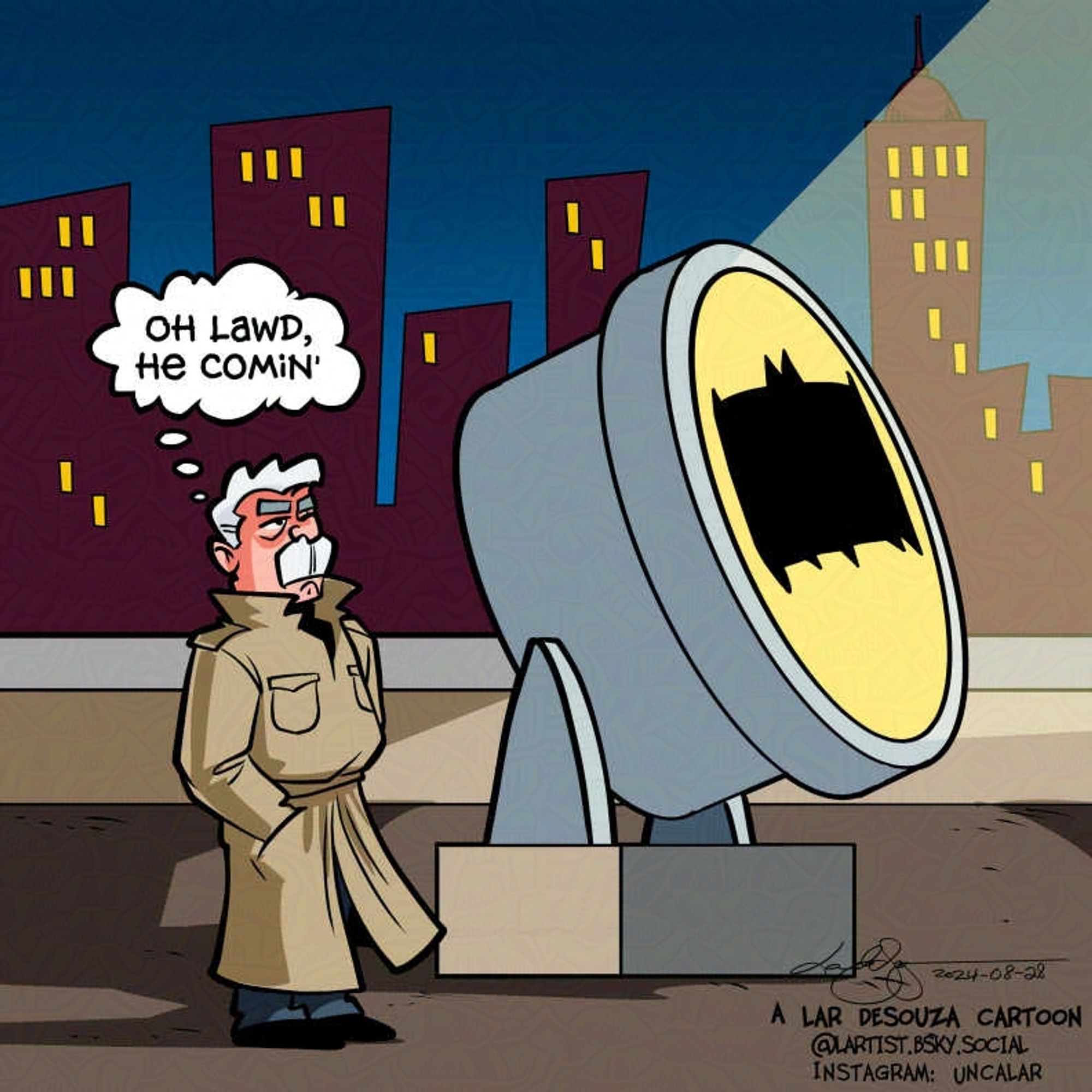 cartoon of Commissioner Gordon by the Bat-Signal. The logo on the signal is the latest chonky bat design (2024)
Gordon: Oh lawd, he comin'