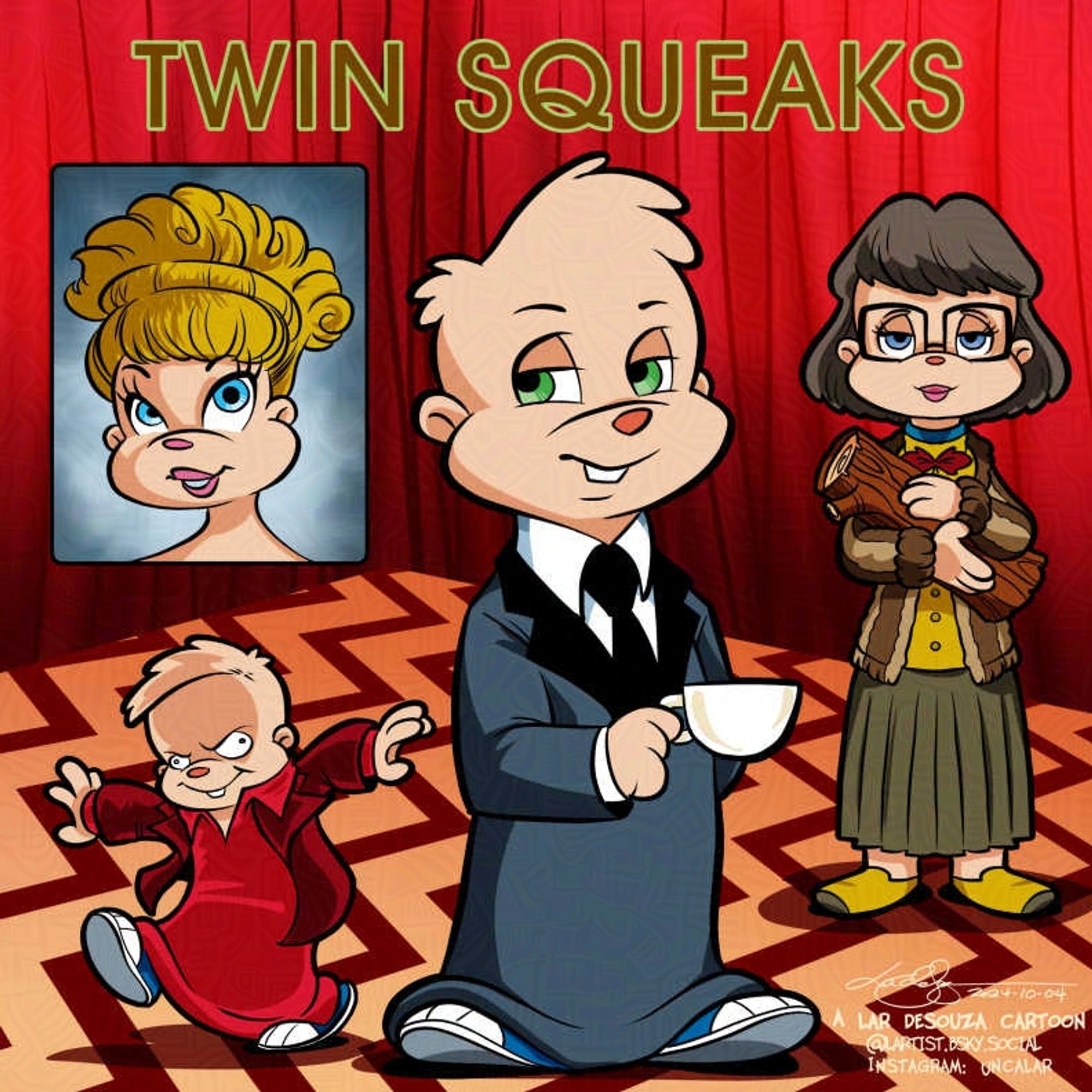 cartoon of the Chipmunks and Chippettes as various characters from Twin Peaks.
Caption: Twin Squeaks