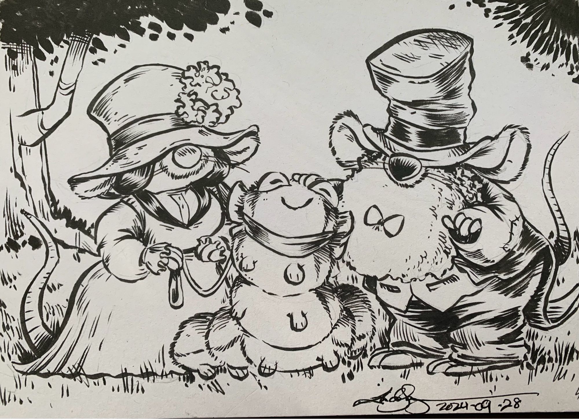 Ink drawing of two mice people meeting. The lady is wearing a Edwardian-esque gown and walking a caterpillar on a leash. The man mouse is wearing a battered top hat and is petting the caterpillar.