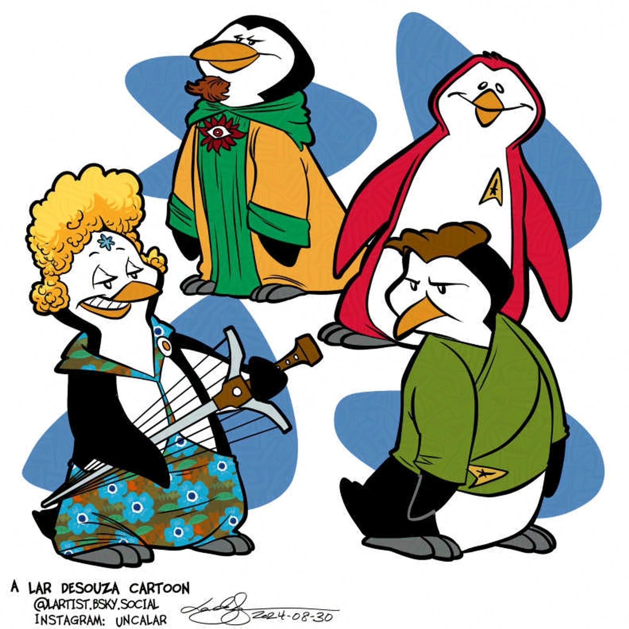 four cartoon penguins as various ST: TOS characters
one space hippy, one Kirk, one redshirt, one Korob