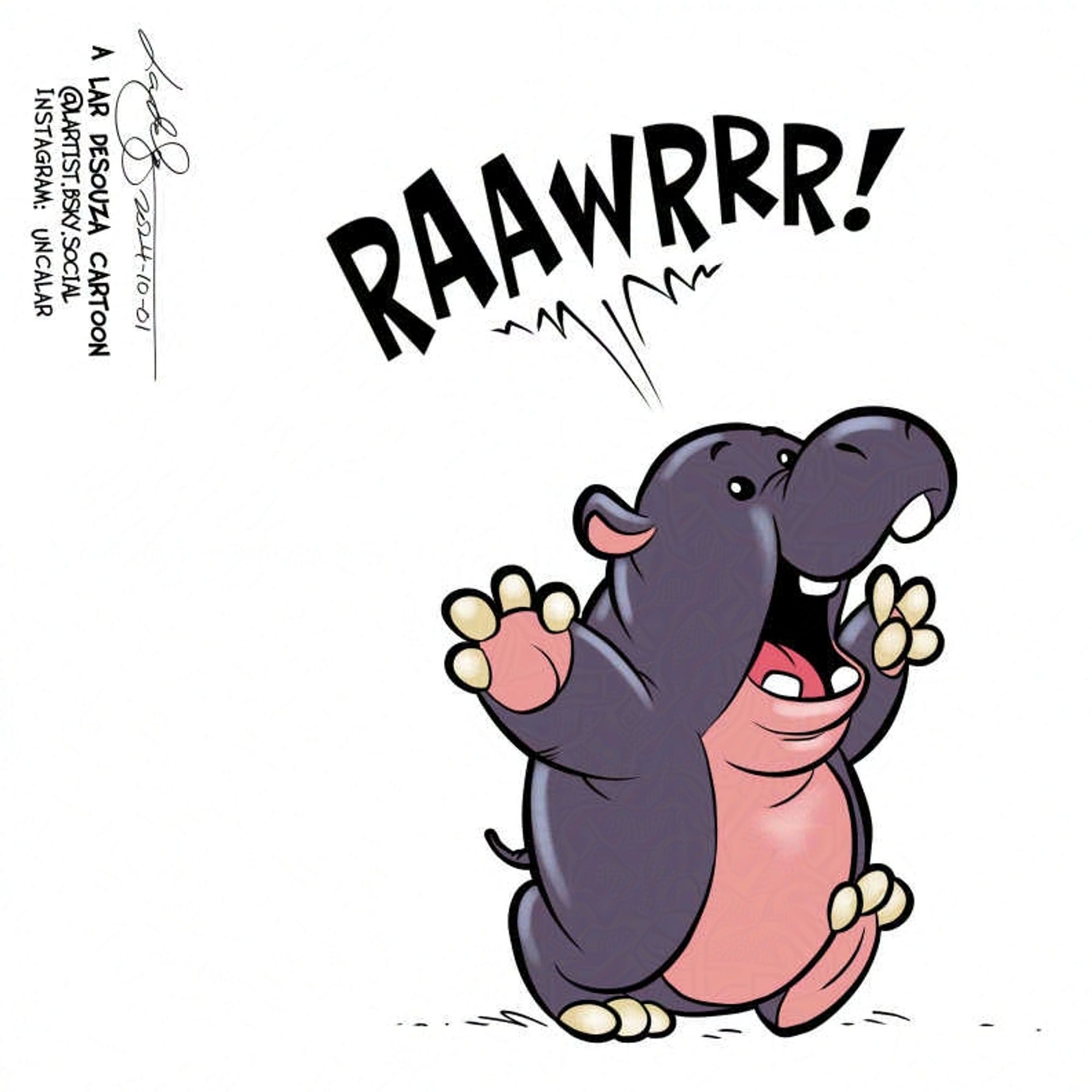 cartoon of the baby pygmy hippo, Moo Deng, walking and shouting "Raawrrr!"