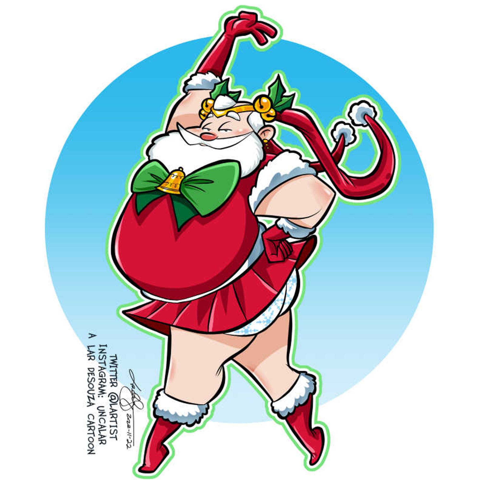 Cartoon of Santa Claus in a festive themed Sailor Scout costume.