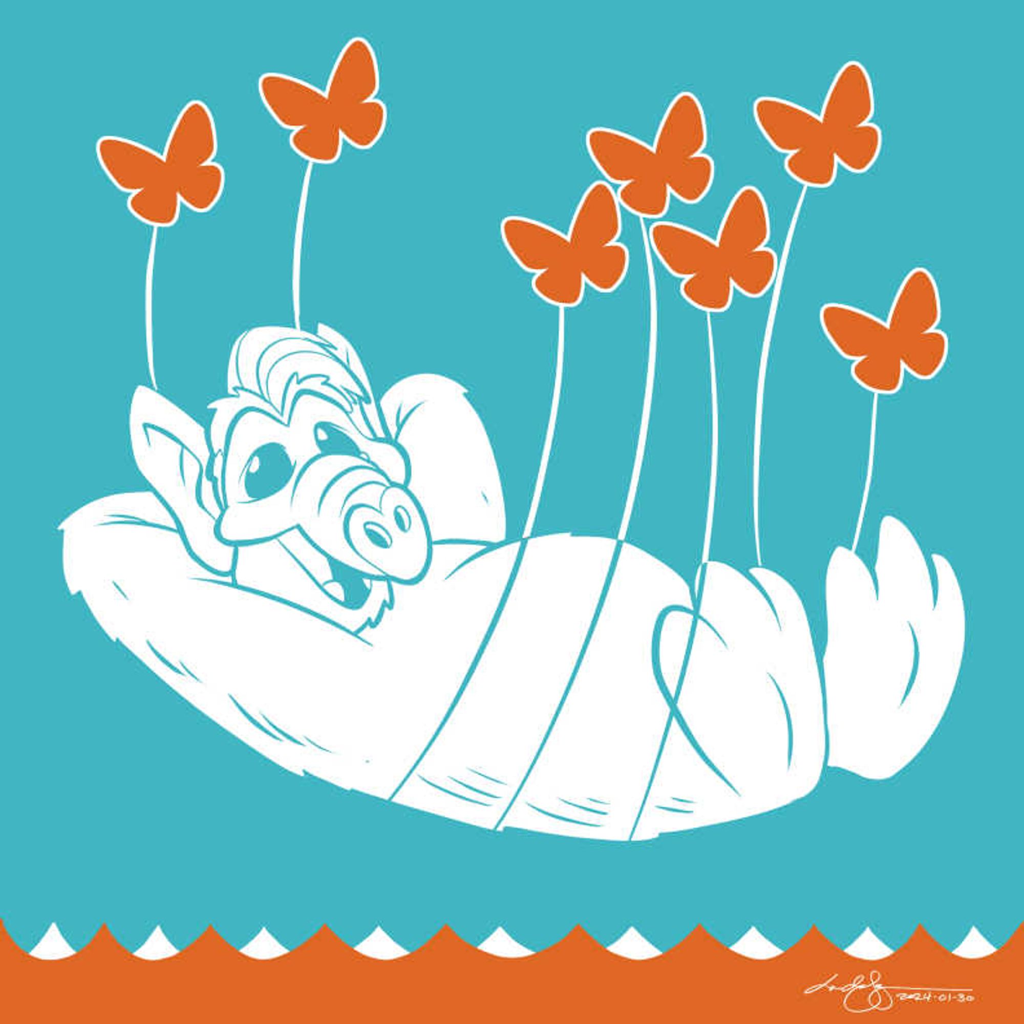 A parody of the original Twitter 'fail whale' featuring Alf in the role of the whale, suspended by Bluesky butterfly icons