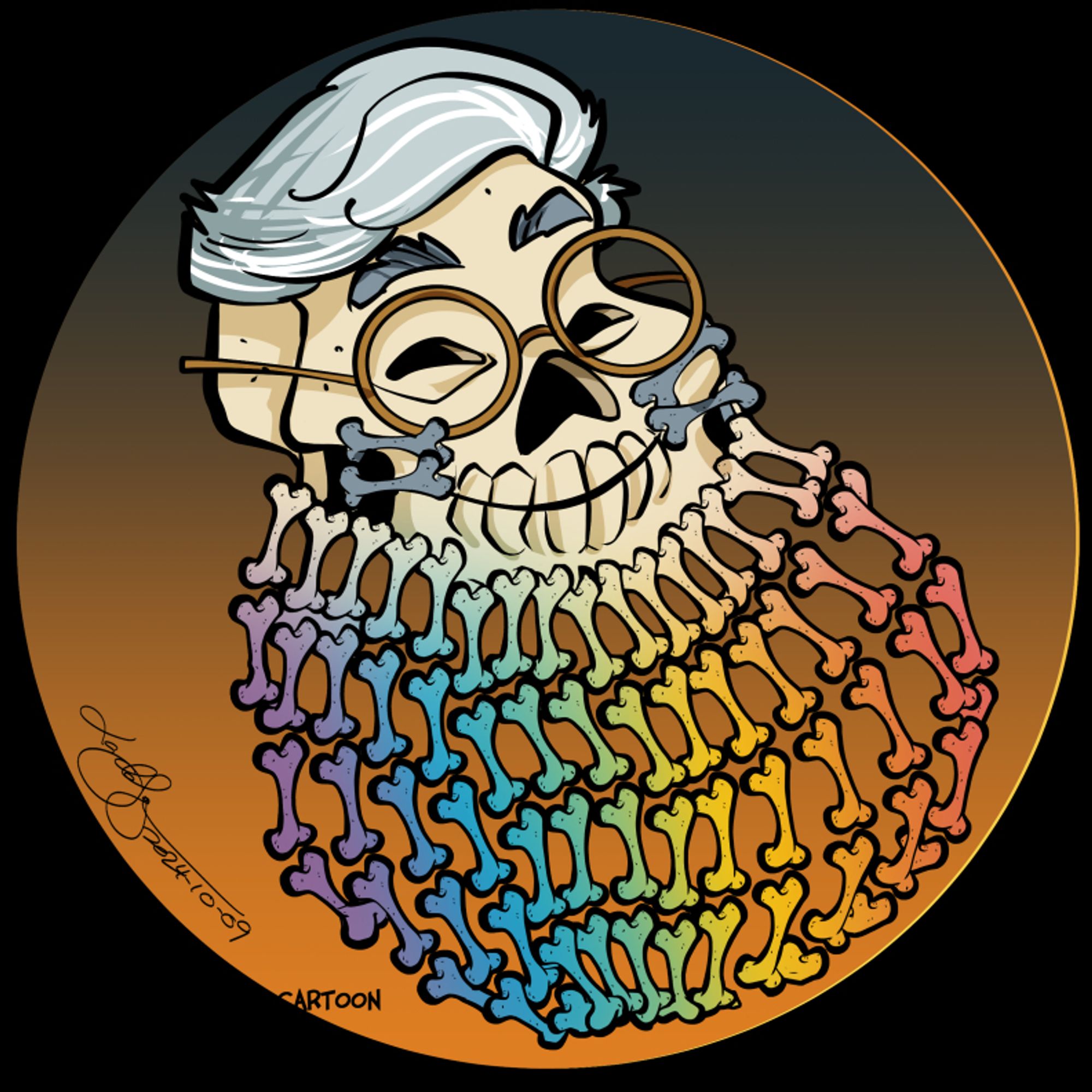 selfie caricature of myself with a rainbow beard of bones