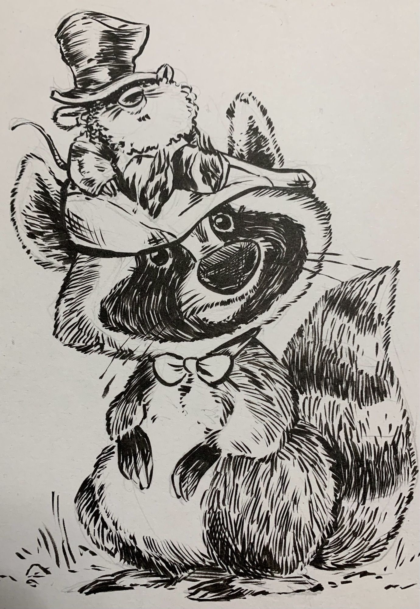 Brush pen drawing of a raccoon and little mouse gnome guy